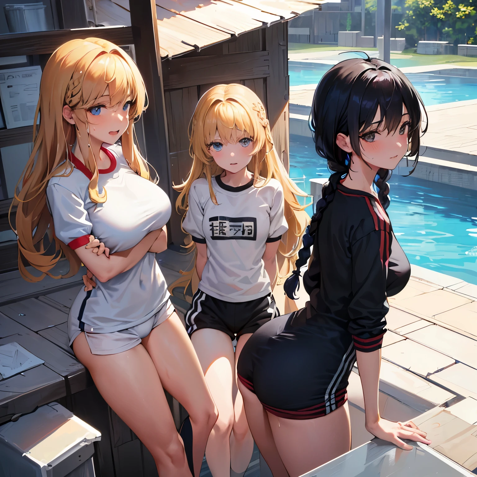 NSFW,very detailed, masterpiece, highest quality, (three girls:1.3), looking at the viewer, (Sweat:1.2),(embarrteethed:1.0), smile, big breasts, School, (Gym suit, bloomers:1.2), (teeth, butt focus:1.2), behind, (long hair:1.1), dull bangs, (crown blade:1.0), {mix-fus-of-(light blown hair)-(bob cut:1.0)-black eyes-ribbon}, {mix-fus-of-black-hair-straight-(brown eyes)}, {mix-fus-of-(blonde hair:1.1)-(Multiple braids)-blue eyes}, Rear angle, behind