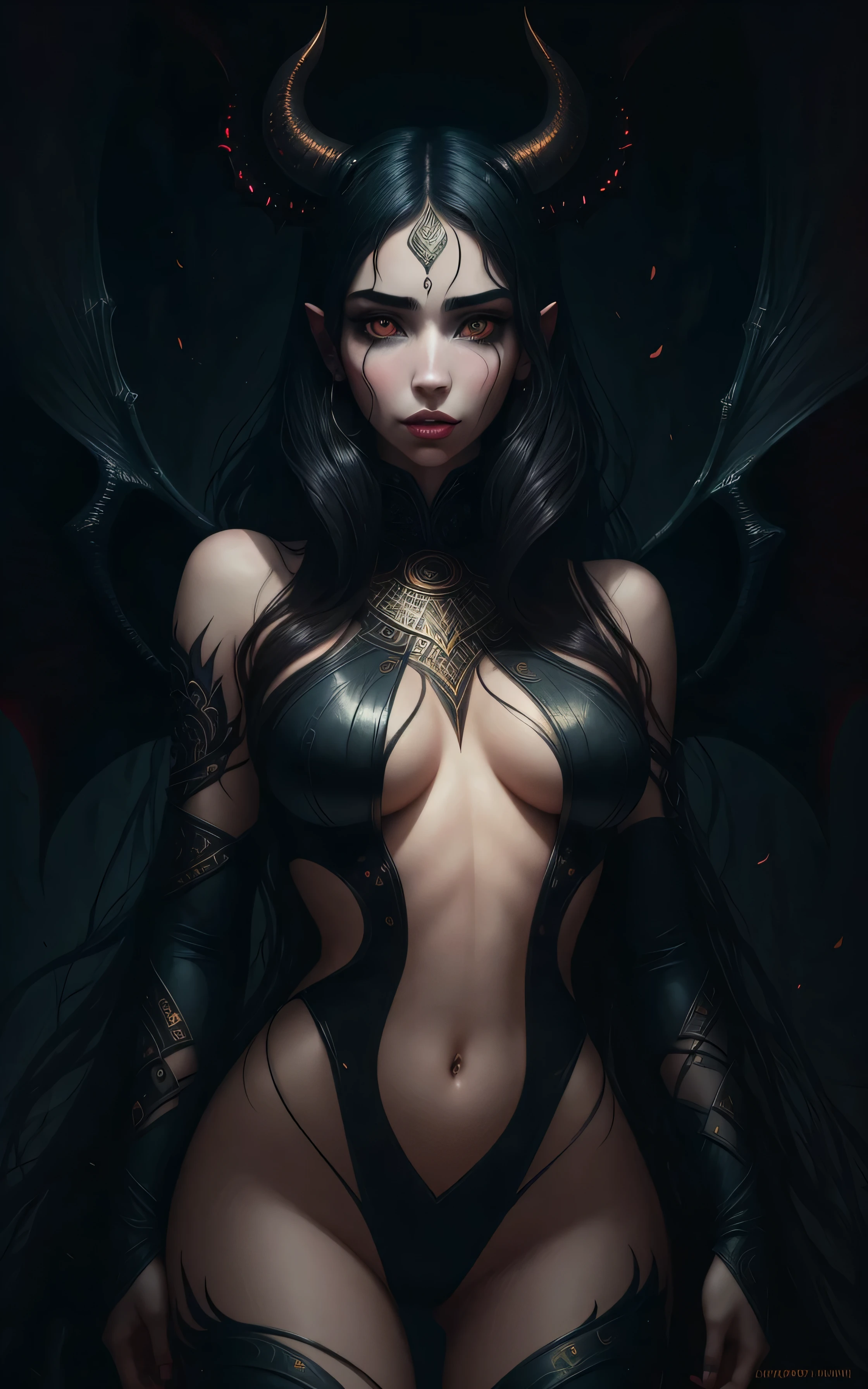 Succubus with the face of Emily Rudd: Dua Lipa, sensual pose, (symmetrical) concept art, dark fantasy background, abstract beauty, hyperdetailed, in the style of Brom