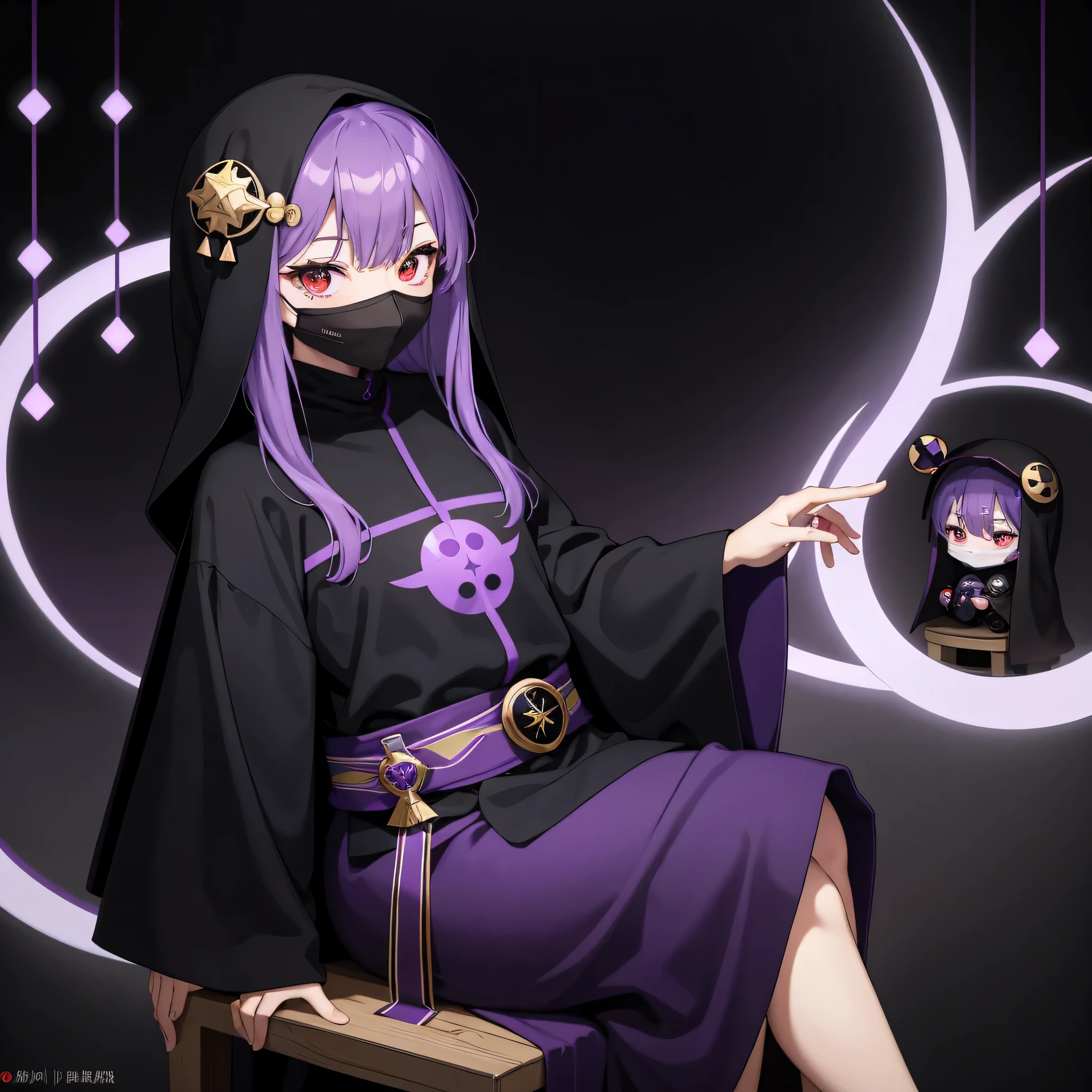 Onna no ko、1 person, alone, (twitch emote:1), a bit,black mask、 red eyes, comic strip,, sticker, Thick black outline,、purple robe、purple veil、purple hejab、Purple Mask、fortune teller、a bit Chara、He holds a round light blue crystal in his hand.。.、sitting in a chair、mysterious background、