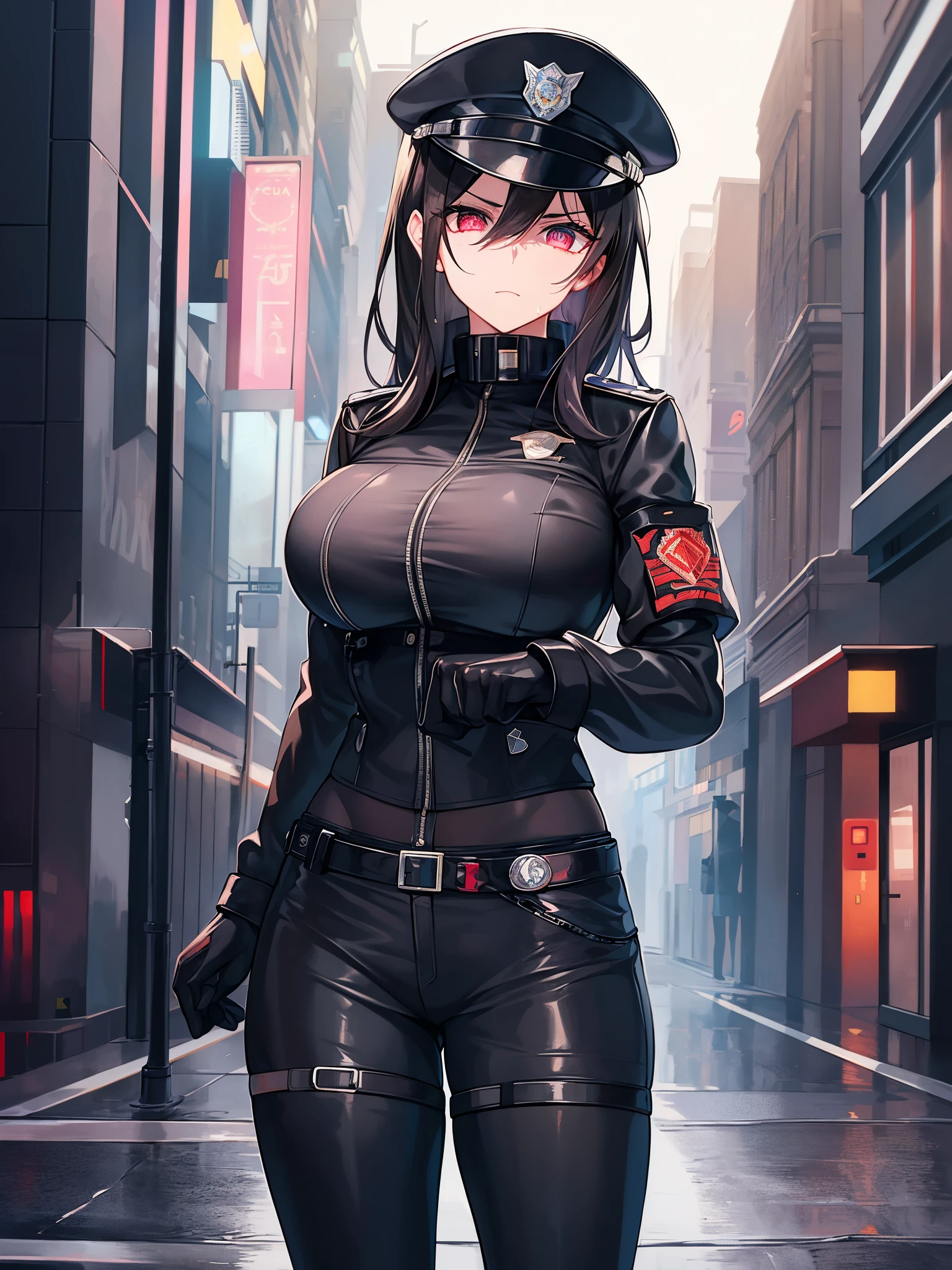 A brave police woman, wearing a black leather outfit tight to her body, with a shiny badge on her chest. His eyes show weariness, but also determination and perseverance. She is standing in the middle of a deserted and gloomy street, with tall buildings all around, creating an atmosphere of imminent danger. The dim lights of the city cast mysterious shadows, revealing only a few details: puddles of water on the street wet by recent rain, a flash of neon reflected in the windows, a danger sign flashing red. The setting conveys a sense of urgency as the police woman looks directly at the viewer, ready to face whatever challenge presents itself.