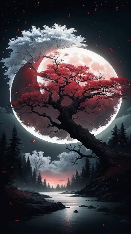 a painting of a tree with the full moon in the background, detailed crimson moon, Arte detallado de alta calidad 8k, Luna Roja, Arte 4k muy detallado., arte 4k muy detallado, Fondo de pantalla de arte anime 4K, Fondo de pantalla de arte anime 4k, Fondo de pantalla animado 4K, fondo de pantalla animado 4k, Arte digital 4k muy detallado, Impresionante obra de arte en 8k