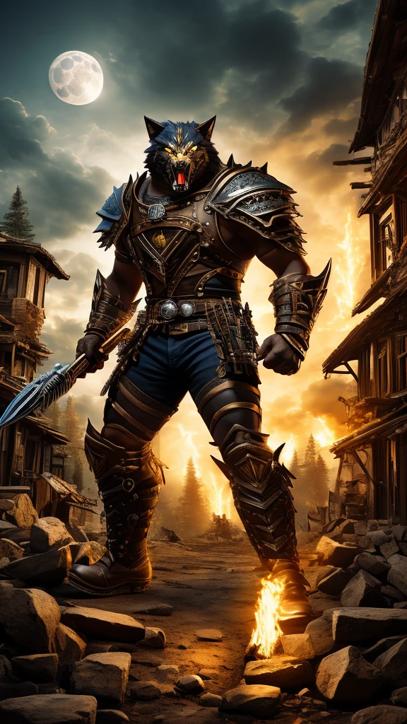 Muscular and very angry male steampunk shoulder armor werewolf with sharp teeth and looking at the viewer and pointing the big steampunk ax towards the viewer and full moon illuminating the environment and scenery of abandoned villages and torches and many clouds in the sky and stars and pines and woods