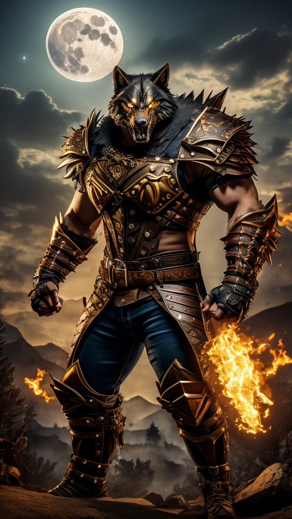 Muscular and very angry male steampunk shoulder armor werewolf with sharp teeth and looking at the viewer and pointing the big steampunk ax towards the viewer and full moon illuminating the environment and scenery of abandoned villages and torches and many clouds in the sky and stars and pines and woods