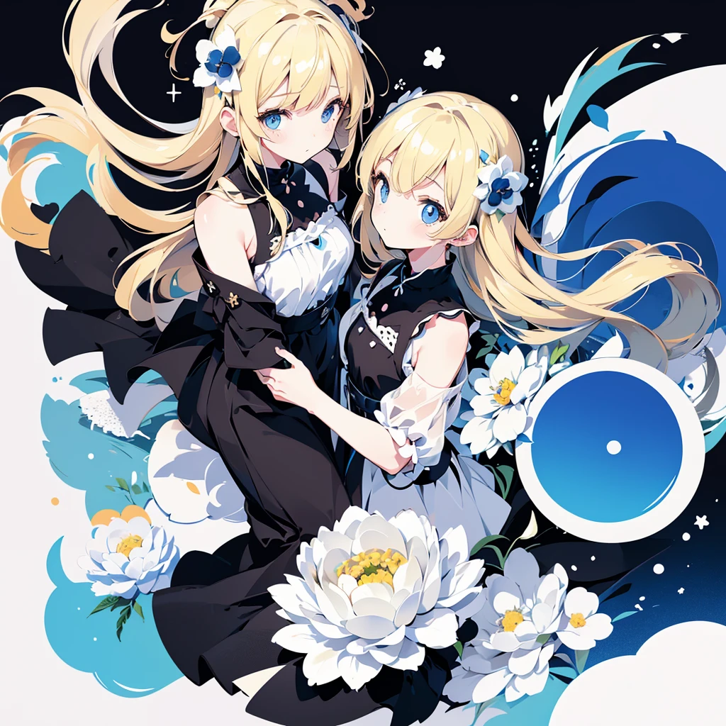 (2 girls, blonde hair, blue eyes, black ????????, cute, kawaii), (blue moon, white flower field), (low contrast, flat color, limited palette)