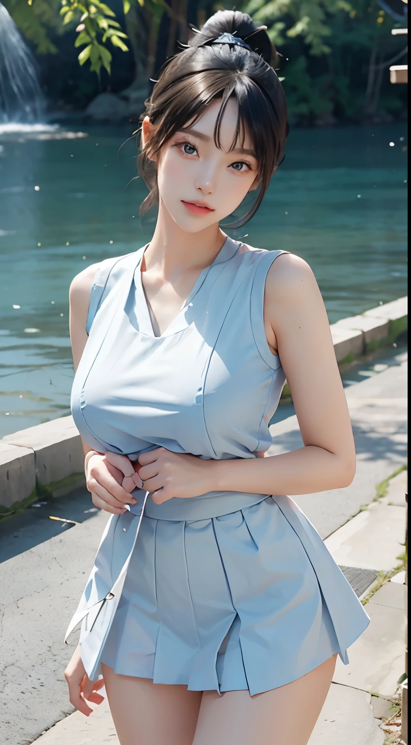 8K quality、High definition、Light Particles 0.5、Natural skin texture、High definitionの瞳、Bitchy girl with up ponytail、slender、Small breasts、Realistic female genitalia、Small areola、Pink nipples、Thin, saggy breasts、Wet body、Open mouth and panting、Mini dress、Open your legs and show your genitals