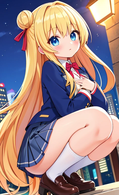 Beautiful long blonde hair Squat with your legs apart small tits Low - Angle facing the front high school girl pleated skirt mini skirt long sleeve No panties downtown at night put your hand on your chest crowd