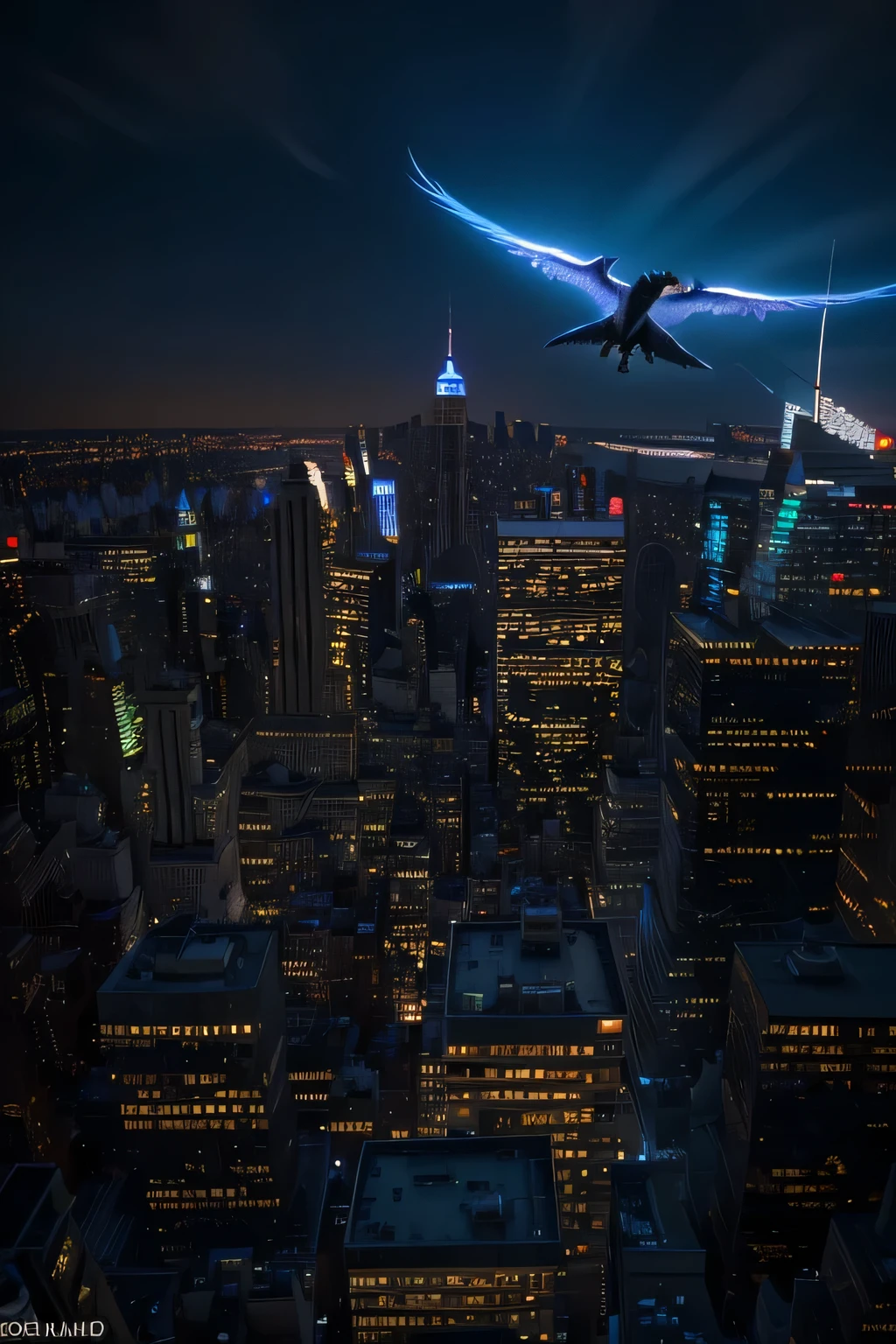 (highest quality,4K,8K,High resolution,masterpiece:1.2),super detailed,(realistic,photorealistic,photo-realistic:1.37),Long-tailed dragon flying over skyscrapers in New York City,animated,High-definition rendering,Immersive experience,Cityscape with neon lights,Awe-inspiring presence,a shadowy figure,atmosphere of the night,Bright colors,Bokeh