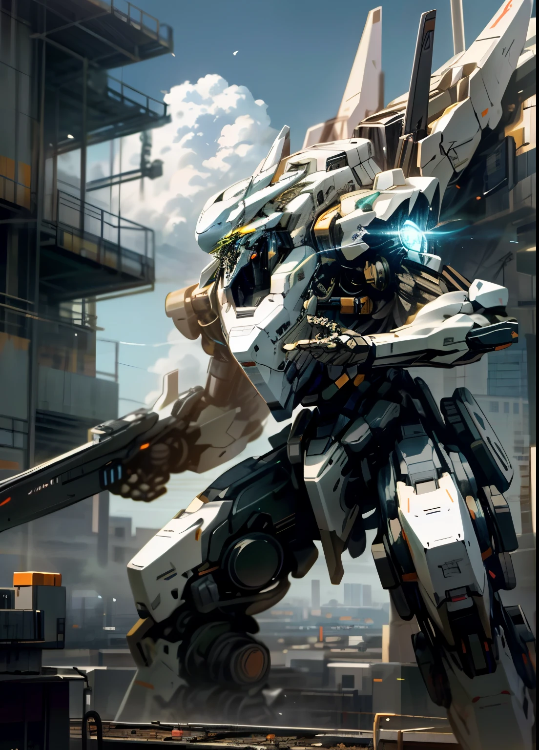 sky, cloud, holding_weapon, no_humans, glowing, , robot, building, glowing_eyes, mecha, science_fiction, city, realistic,mecha