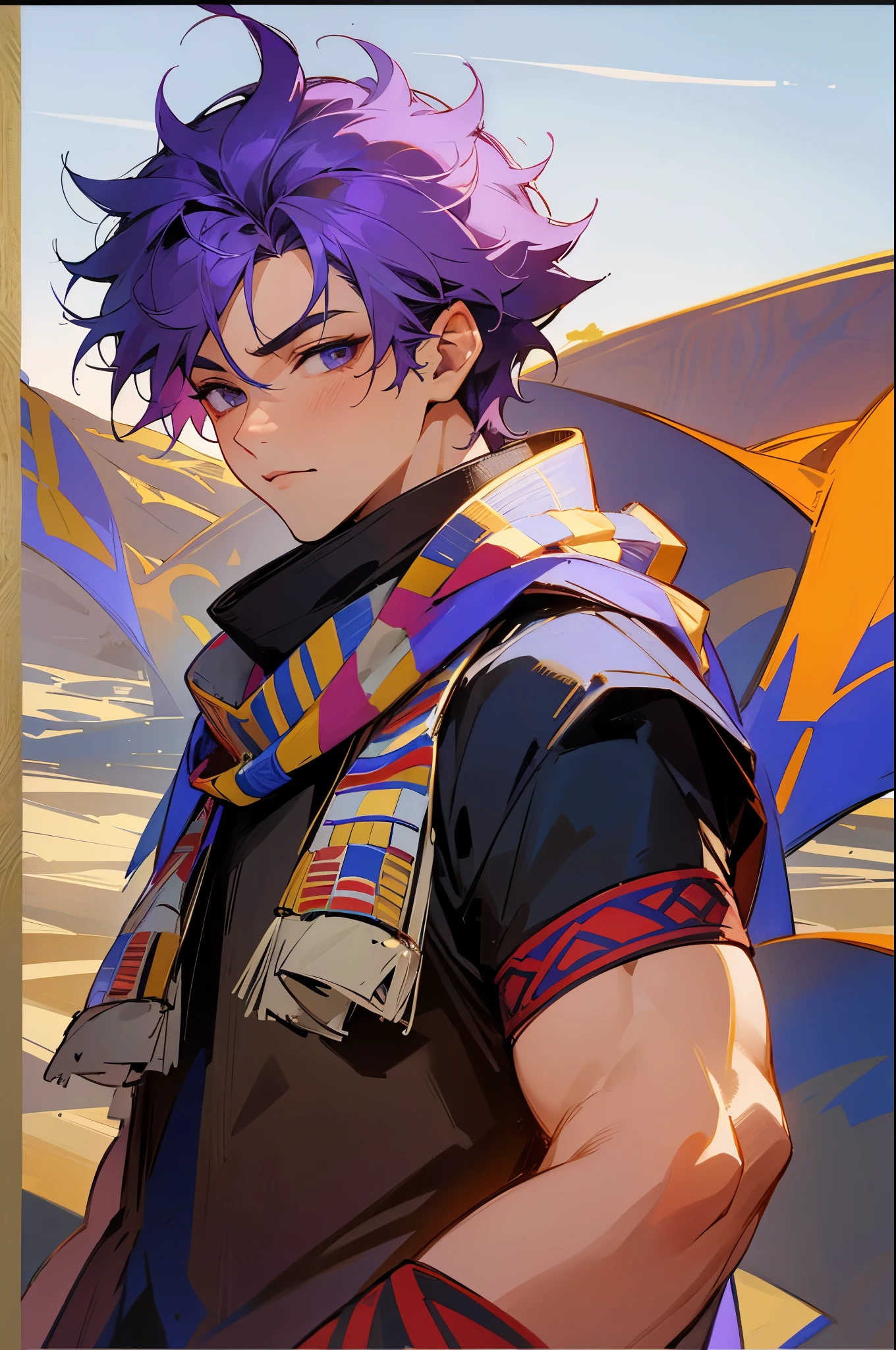1male, purple hair, messy spikey hair, egyptian clothing, egyptian scarf over face, desert town background, 