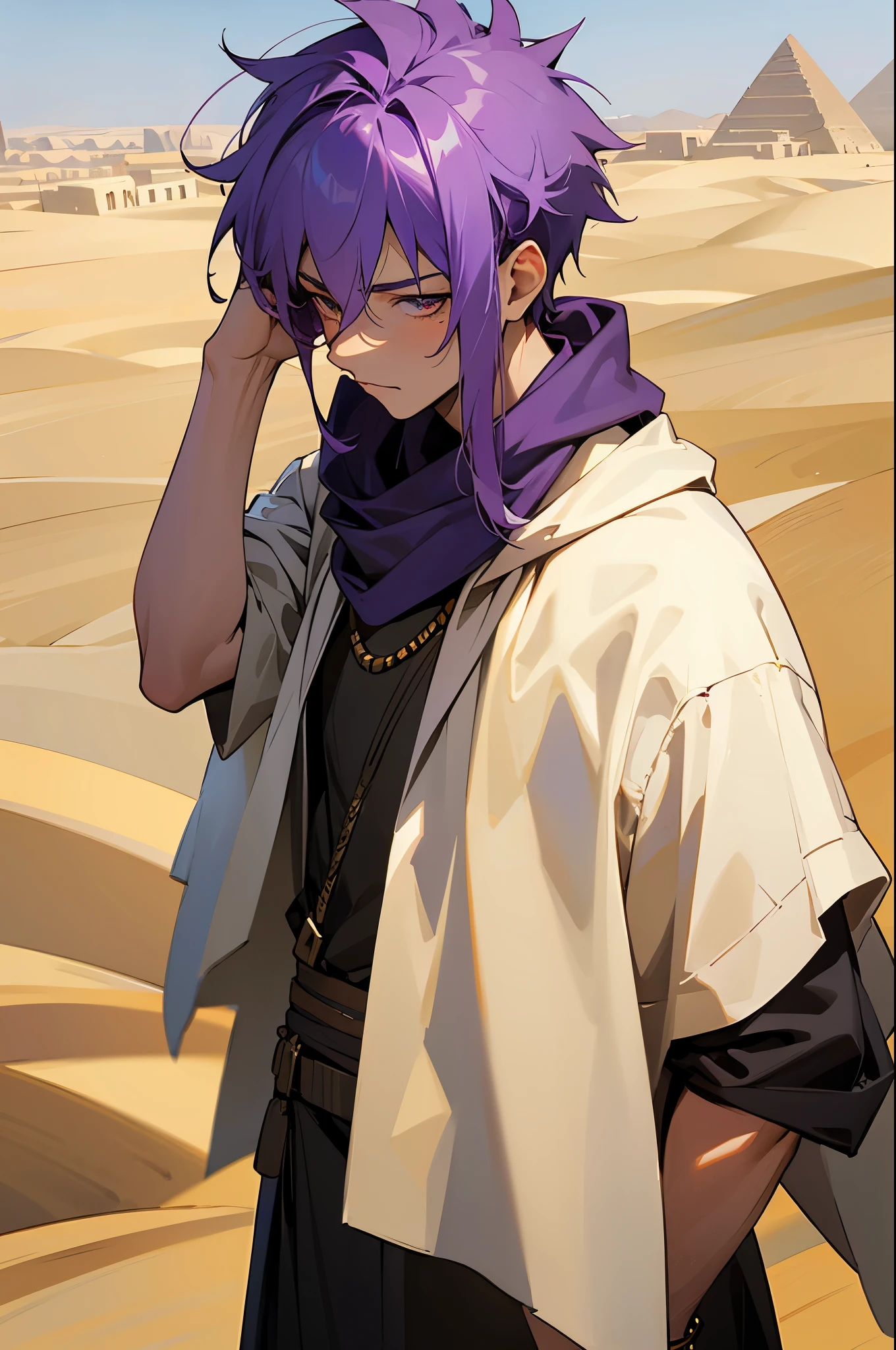 1male, purple hair, messy spikey hair, egyptian clothing, egyptian scarf over face, desert town background, 