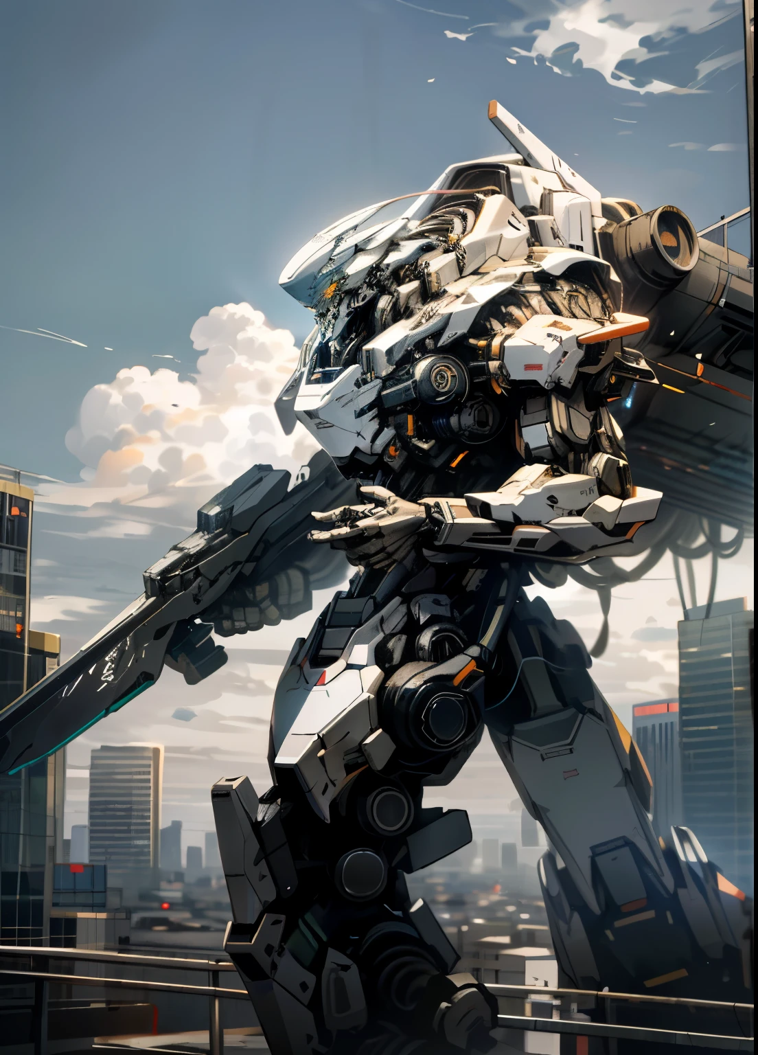 sky, cloud, holding_weapon, no_humans, glowing, , robot, building, glowing_eyes, mecha, science_fiction, city, realistic,mecha