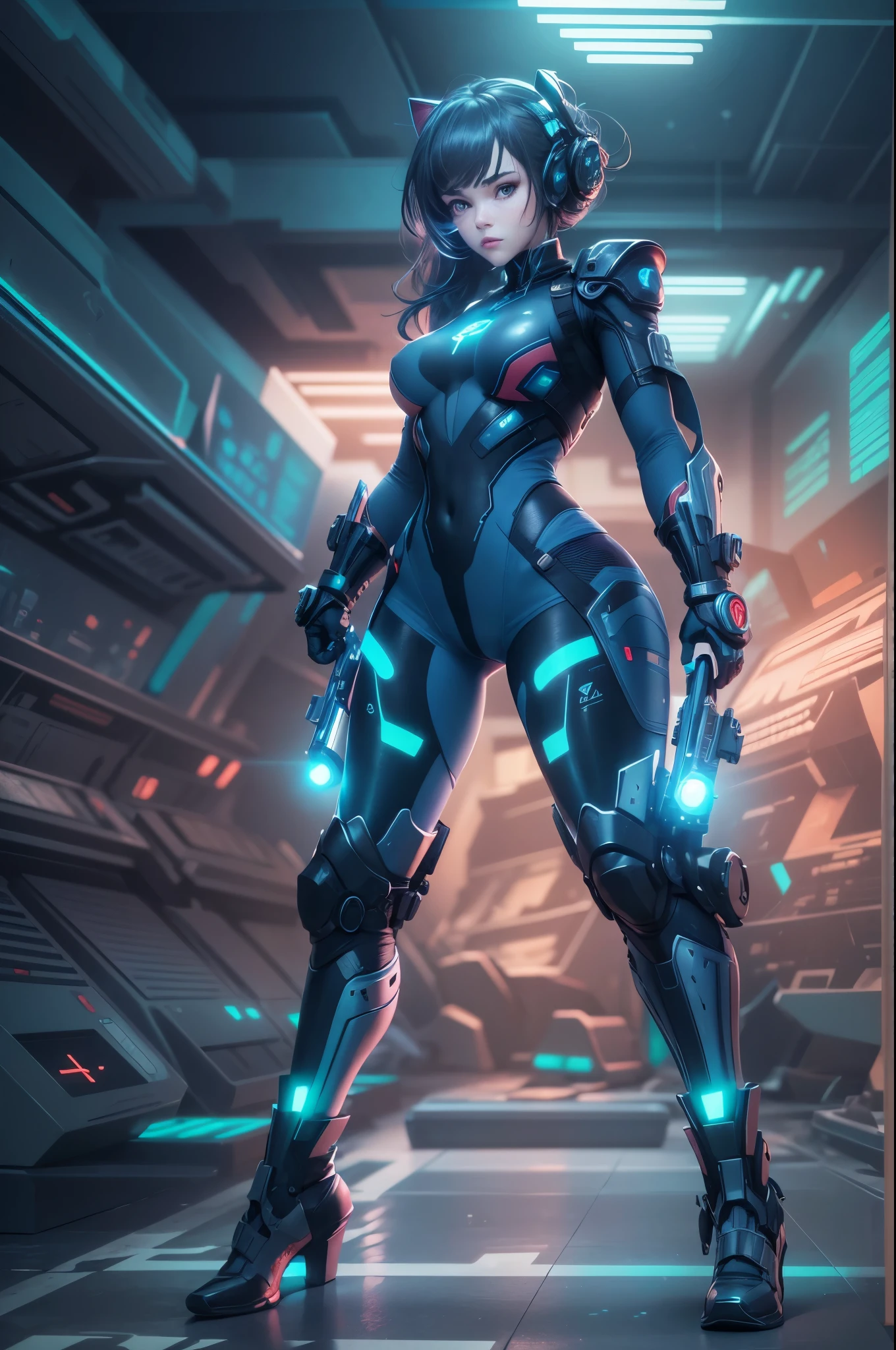 1girl,Future technology clothing,(Blue latex tights:1.3),(Luminous array lights on clothes),Soft light,Mechanical belt,(high-tech weapon:1.3),Future technology hair bundle,Android,Super Soldier,dynamic poses,shooting,Holographic screen background,Super stunning graphics,super wide shot,best quality,masterpiece,8k,Unreal 5 rendering,High chiaroscuro,