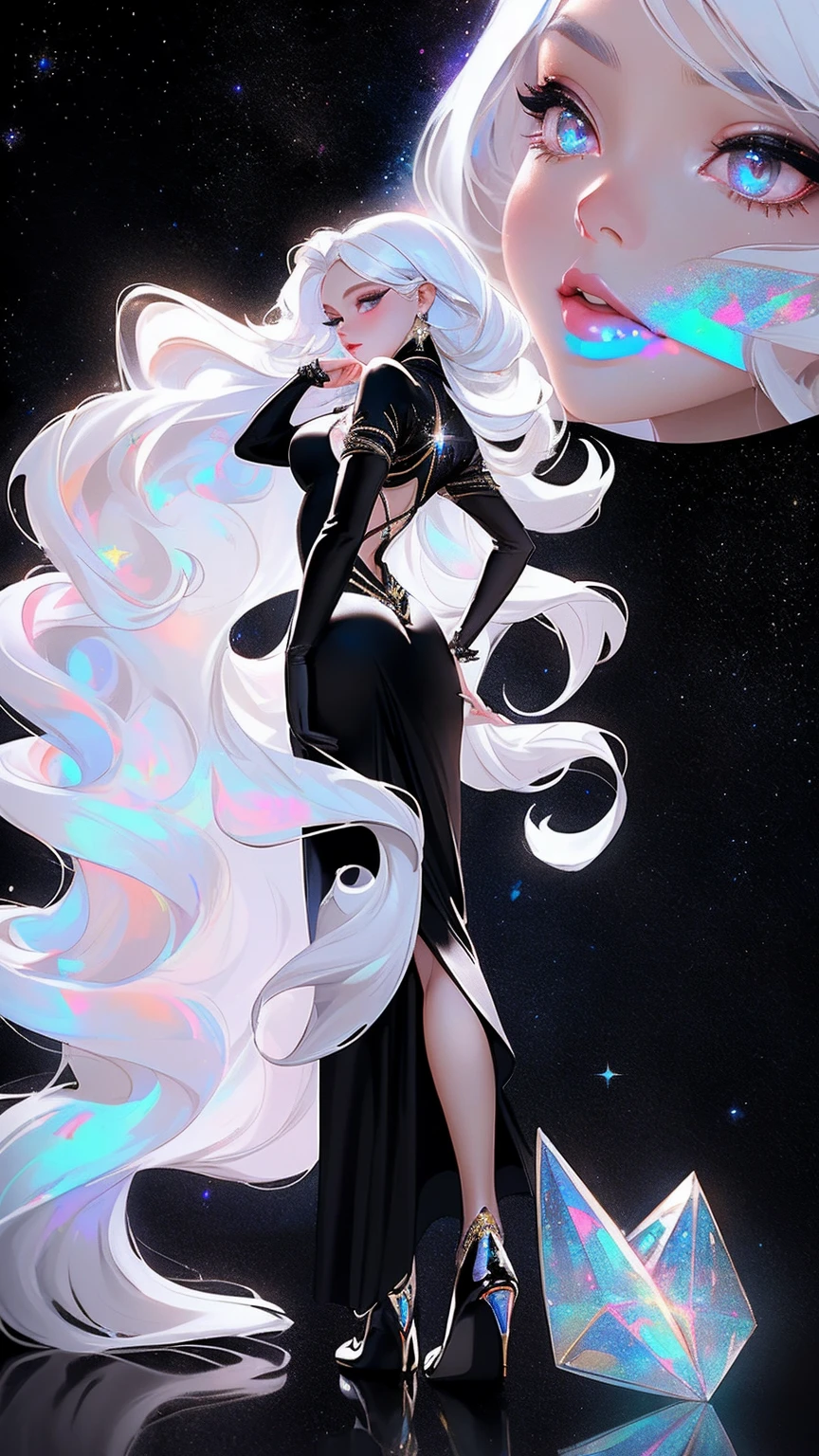 {-erro_de_anatomia:1.0} masterpiece, highest quality, (perfect face:1.1, (high detail)1.1, sweet stardust vampire , long soft white hair, opal eyes, perfectly drawn face, black dress, stars detailed background, prismatic lighting, glitter, whole body, Dancing lightly. backwadrs, Looking back. Very sexy, with chin resting on shoulder , walkink on the stars with cristal shoes.