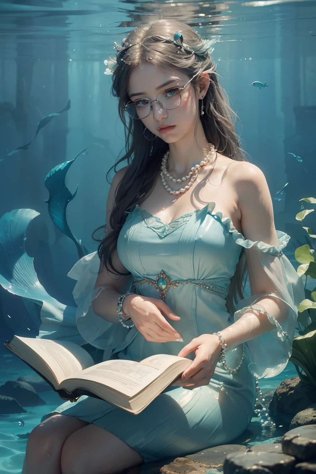 (RAW photos, best quality, realistic, aspect-ratio: 9:16, tmasterpiece, vividly detailed, captivating, ethereal, water nymphs, seated, underwater rocks, floating books, reading glasses, mermaid-like features, long flowing hair, detailed scales, beads of water on their skin, transparent fins, intricately designed tails, wearing pearl necklaces and bracelets, hands holding books with a gentle touch, expressions of deep concentration, fully immersed in their literature, the serene underwater environment with gentle currents and sunlight filtering through)
