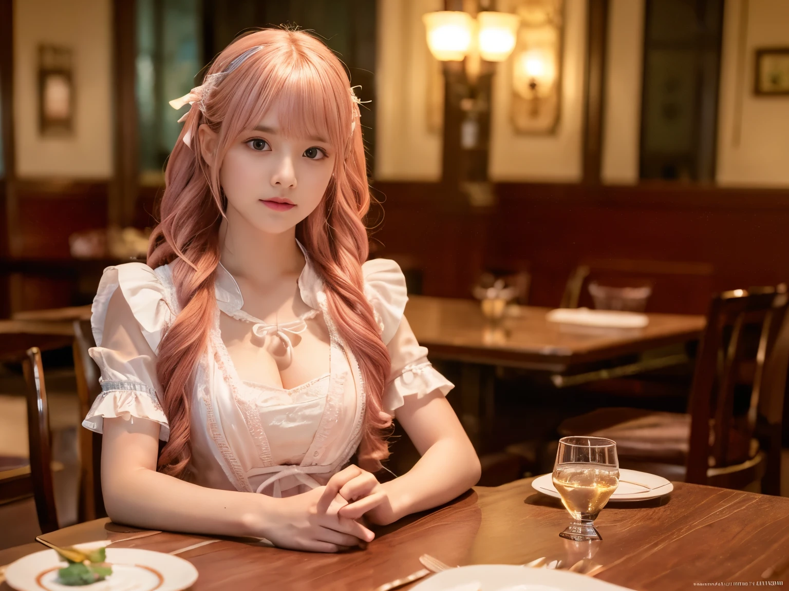 (table top, highest quality, table top,highest quality,official art, 8K wallpapers), girl,Chiquita,With long hair to take, pink hair, wavy hair, small breasts,(Dynamic Color Lolita Costume), barefoot, skirt lift,European Restaurant,candlestick,wall,tableware, (Skins with the highest level of detail: 1,2), (The highest level of detail on the dial:1.2), front light, night, warm white light, Please look into the camera,