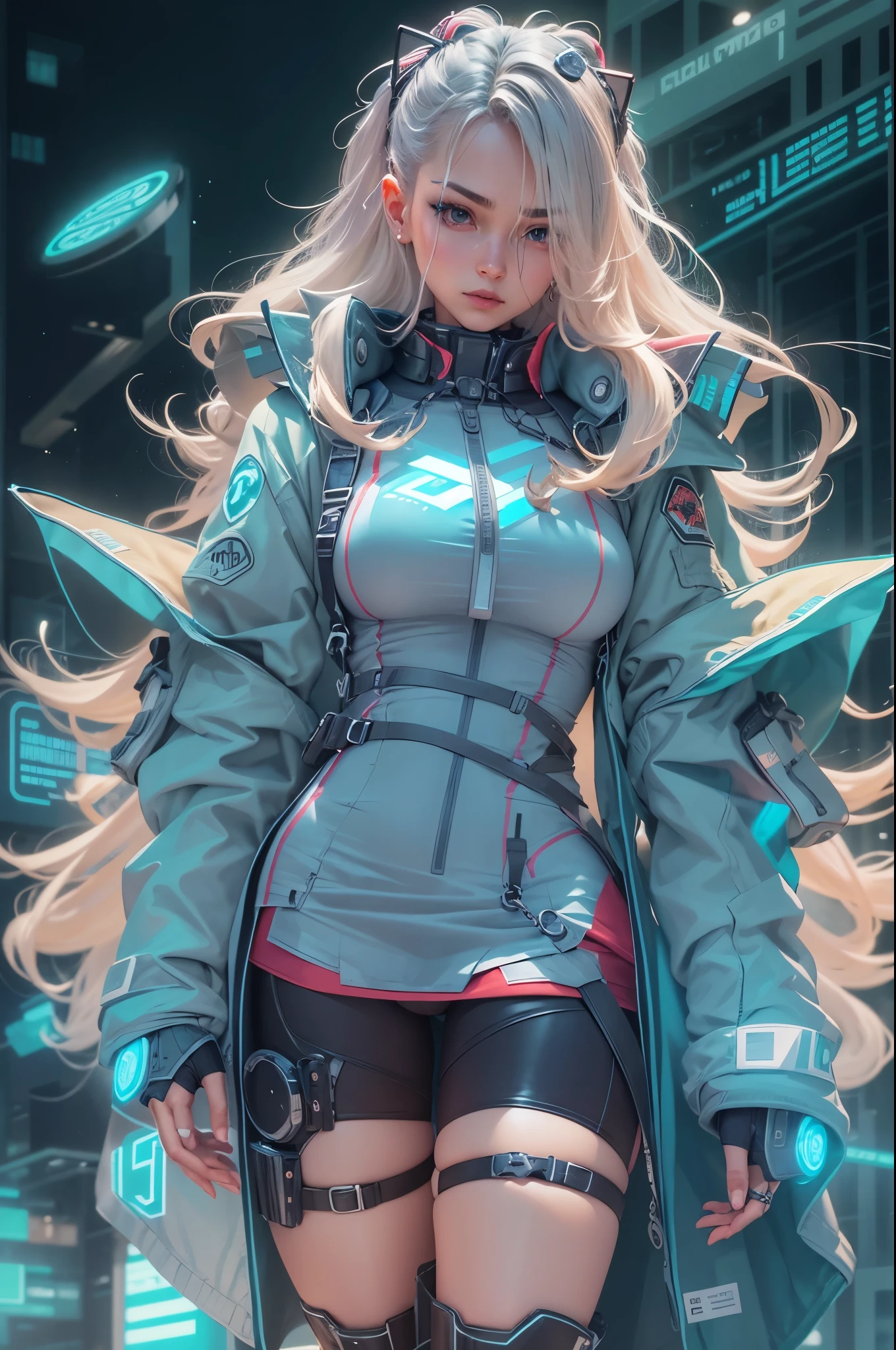 1girl,Future technology clothing，（Blue latex tights：1.3），（Luminous array lights on clothes），Soft light，Mechanical belt，（high-tech weapon：1.3），Future technology hair bundle，Android，Super Soldier，dynamic poses，shooting，Holographic screen background，Super stunning graphics，super wide shot，best quality，masterpiece，8k，Unreal 5 rendering，High chiaroscuro，