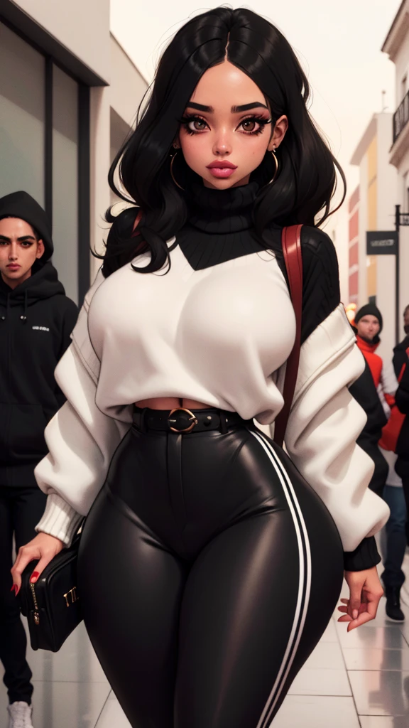 Chica mimo, maquillaje de mimo blanco, labios negros, black eyelids, cabello corto color negro, boina roja, sweater de mimo de rayas blancas y negras, black pants with braces, guantes blancos, en escenario de ciudad europea