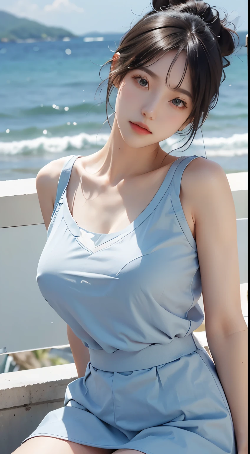 lanky legs, legs apart, presenting legs, a beautiful young girl, (hi-top fade:1.3), sunshine, seaside, gigantic breast, black ponytail, full body, realistic skin, head tilt, detailed eyes and face, blushing, ashamed, blue eyes, symmetry smile eyes, japan school uniform, white shirt, deep_blue_shortskirt, ultra detailed finger, two bare long legs, white-skinned girl, depth_of_field, motion_blur, spots shot, full body shoot, jk_lure_dress