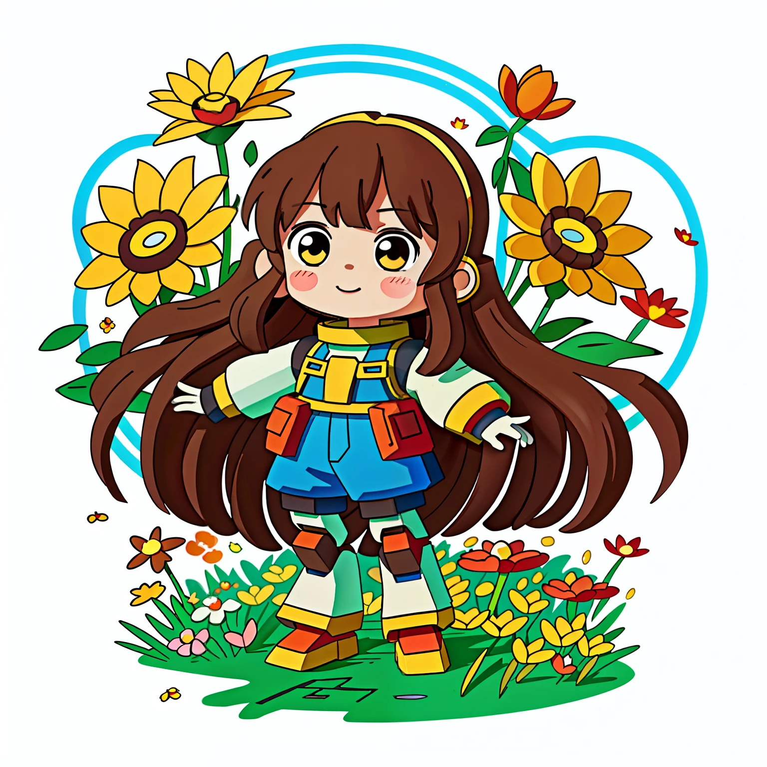 Girl with long brown hair,Put on the Gundam Robot Suit,Take the flowers(橙色Sea of flowers)(Sea of flowers),(There is love)happy,Surrounded by love,Surrounded by love,O sign,vector,line art,design,inspiration,straight line,RHAD