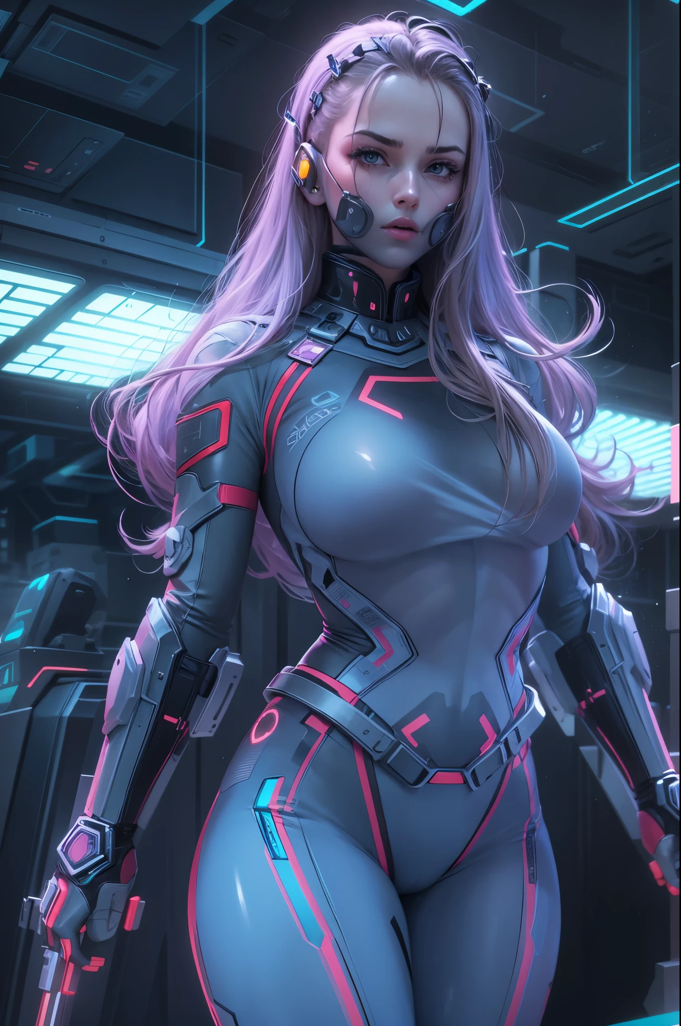 1girl,Future technology clothing,(Blue latex tights:1.3),(Luminous array lights on clothes),Soft light,Mechanical belt,(high-tech weapon:1.3),Future technology hair bundle,Android,Super Soldier,dynamic poses,shooting,Holographic screen background,Super stunning graphics,super wide shot,best quality,masterpiece,8k,Unreal 5 rendering,High chiaroscuro,