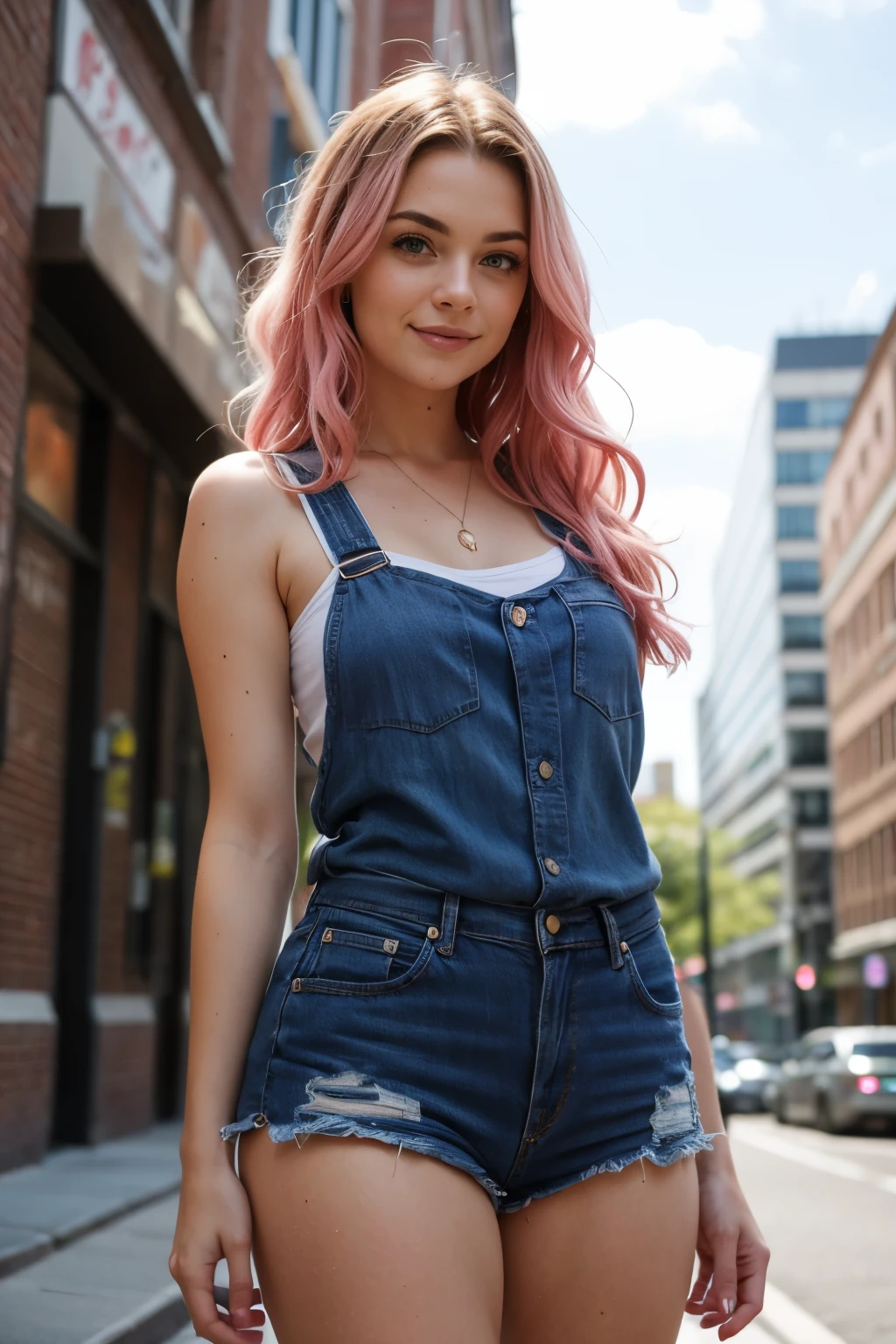 Woman, long wavy hair, pink hair, blue eyes, city scene, realistic, smile, light color