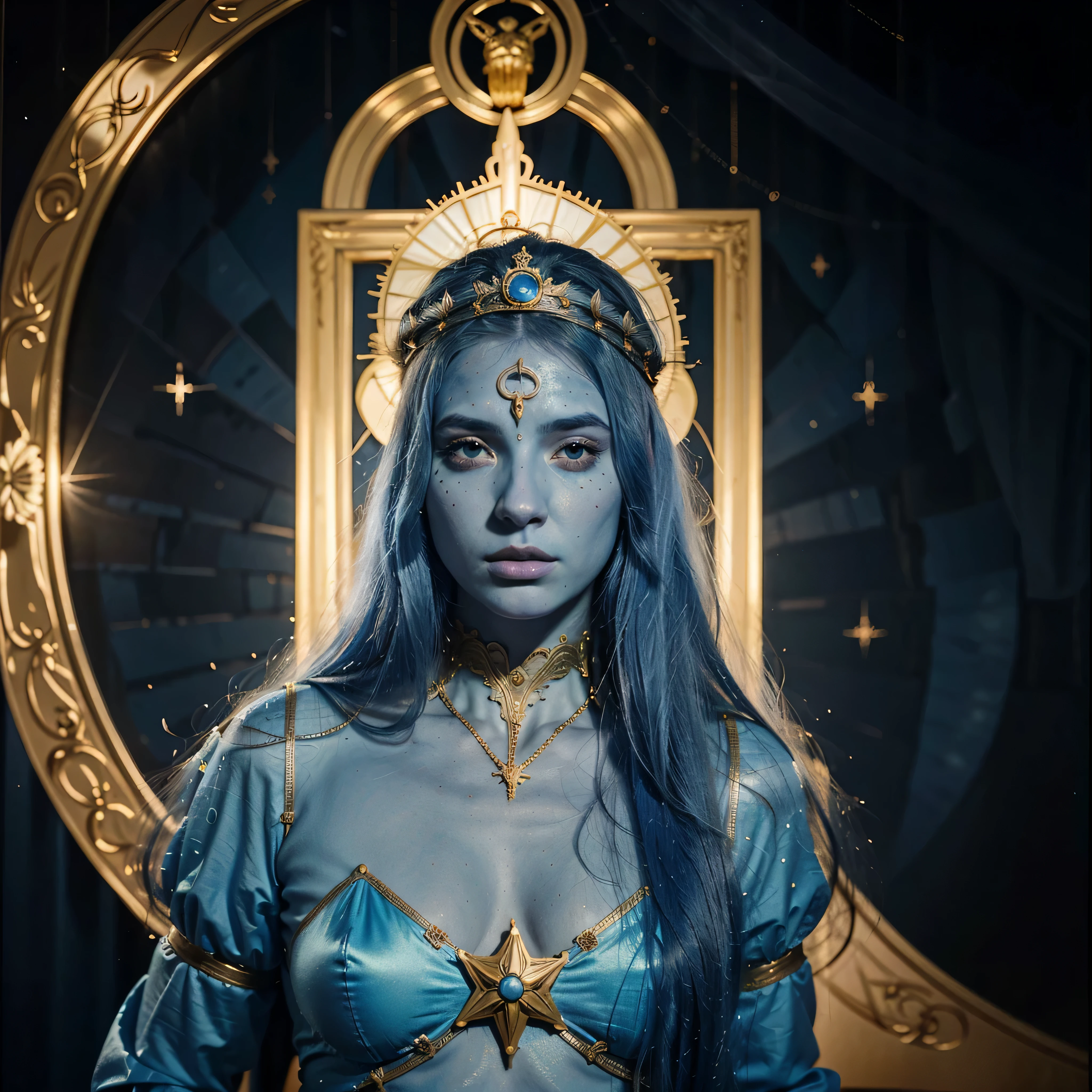 (8k, Foto RAW, melhor qualidade, senhor:1.2), (Realistic, photo-Realistic:1.37) uma imagem dos desenhos animados de uma mulher com cabelo longo e um vestido azul, feiticeira, Obra-prima Deusa da Tristeza, Nos, sacerdotisa, godess do mal, high sacerdotisa, jellyfish sacerdotisa, mystical atlantean valkyrie, portrait knights of zodiac girl, knights of zodiac girl, feiticeira, Vincent di Fate Nausicaa, SEIOS FARTOS, SEIOS GRANDE, PEITO GRANDE, SEIOS QUENTES, ((BLUE SKIN))