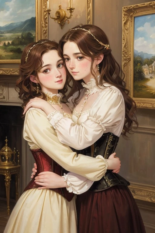 Beautiful women, short wavy brown hair, rough pale skin, freckles. Goddess, fancy dress, corset, long puffy sleeves, heroine, blushing, two girls, hugging, best quality, oil painting, painting, classical painting, inside a castle