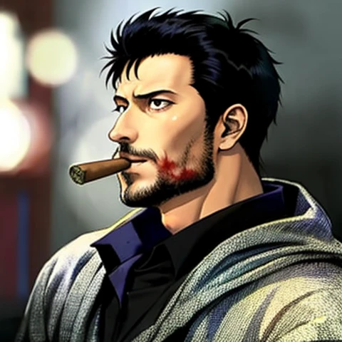 a close up of a person holding a cigar and a knife, berserk style, guts from berserk, gendo ikari smoking a joint, portrait of guts from berserk, berserk guts, anime ninja scroll, berserk blood, ninja scroll anime style, from berserk, guts berserk, berserk art style, berserk, in a anime masterpiece