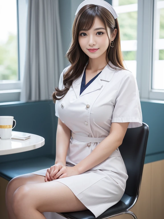 とてもbeautiful日本人看護師、Outstanding smile、(fine skin:1.2),(shiny skin:1.1),8K,highest quality, table top, Super high resolution,(realistic:1.4), RAW photo,(soft saturation:1.3),(Fair skin:1.2),1 female, compensate,(Lipstick:1.1),(eyeliner:1.1),mascara, eye shadow, Glamour, (big breasts:1.2),semi brown hair, medium hair, long haired person, asymmetrical hair, asymmetrical bangs、japanese women, 25 years old、beautiful woman、earrings、necklace、(japanese nurse costume:1.3), (white nurse uniform:1.3) ,Tight Skirt, 診察室のsitting in a chairいる、View from the front、 ((best quality)), ((intricate details)), ((ultra realistic realism)), ridiculous solution, natural makeup, very detailed, enlightenment, 1 girl, glamorous body、(big:1.4), (constricted waist)、tight nurse uniform、キレイでbig breasts:1.3)(big:1.perfect front angle:1.4)、(perfect thighs)、(perfect legs)、(perfect feet)、perfect hands, Detailed fingers, beautiful detailed eyes, name tag, (white nurse uniform:1.2)、sitting in a chair、perfect lighting、bright hospital、perfect lighting、 (Wearing a naughty nurse uniform), panties、The background is a hospital room. bright room、be careful "every detail of the image, especially the details of the eyes, emphasize realism. Unreal 8K のこの公式アート壁紙はvery detailedです, beautiful, Aesthetic table tops and of the highest quality. By using dynamic angles、Expresses the elegance and romanticism of the image。. このキャラは胸がbig, and camel toe shape."(look at the camera:1.4