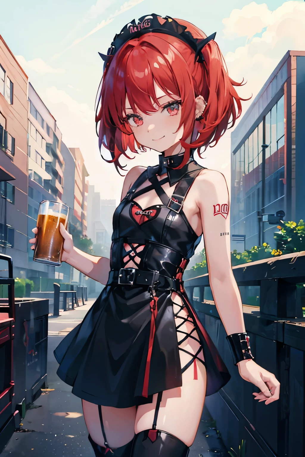 young girl, red hair, 18 years old, small breasts, small biotype, bob hair, tattoed arms, black tattos, piercings in face, , black dress, black letter dress, short dress, punk dress, wearing fishnet stockings, black boots, smiling, looking at viewer, holding beer cup, 4k, masterpiece
