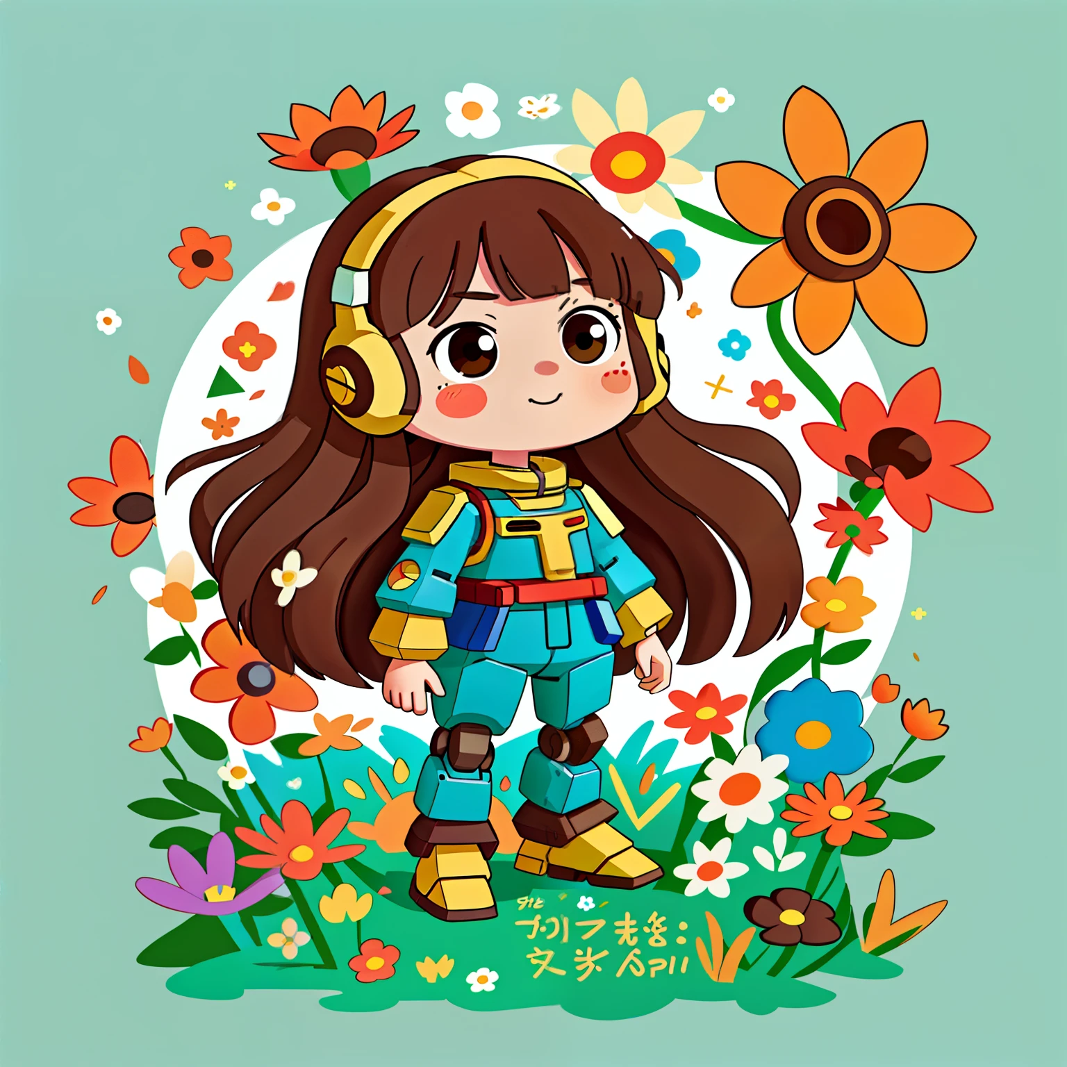 Girl with long brown hair,Put on the Gundam Robot Suit,Take the flowers(橙色Sea of flowers)(Sea of flowers),Love(There is love)happy,Surrounded by love,Surrounded by love,O sign,vector,line art,design,inspiration,straight line,RHAD