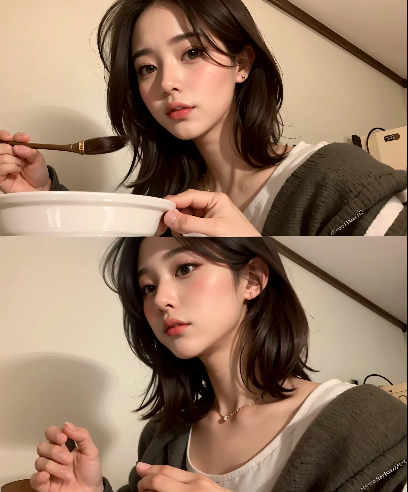 there is a woman that is holding a plate with food in it, ulzzang, the hime cut, korean girl, anime girl in real life, girl cute-fine-face, with short hair, small heart - shaped face, popular south korean makeup, young cute wan asian face, dilraba dilmurat, young adorable korean face, popular korean makeup