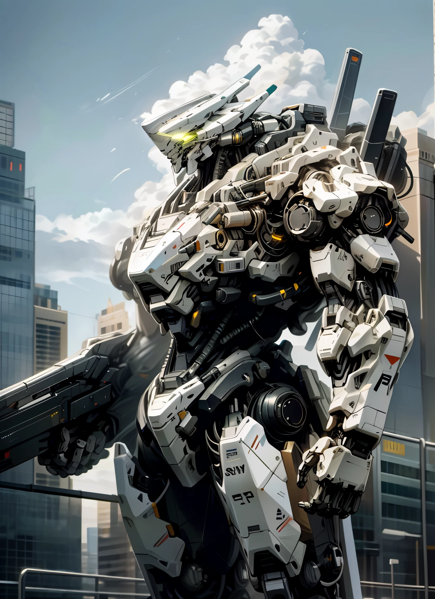 sky, cloud, holding_weapon, no_humans, glowing, , robot, building, glowing_eyes, mecha, science_fiction, city, realistic,mecha, chrome biggest robot 