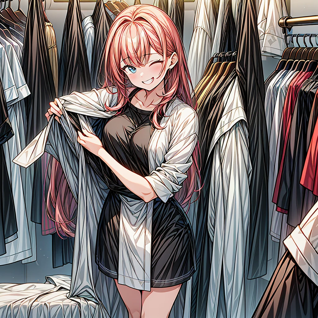 (best quality,high resolution:1.2), anime style, Cute girl changing clothes scene, (she is laughing while changing her clothes:1.4), detailed and luxurious background, Changing rooms in women's fashion stores, vibrant colors, soft lighting