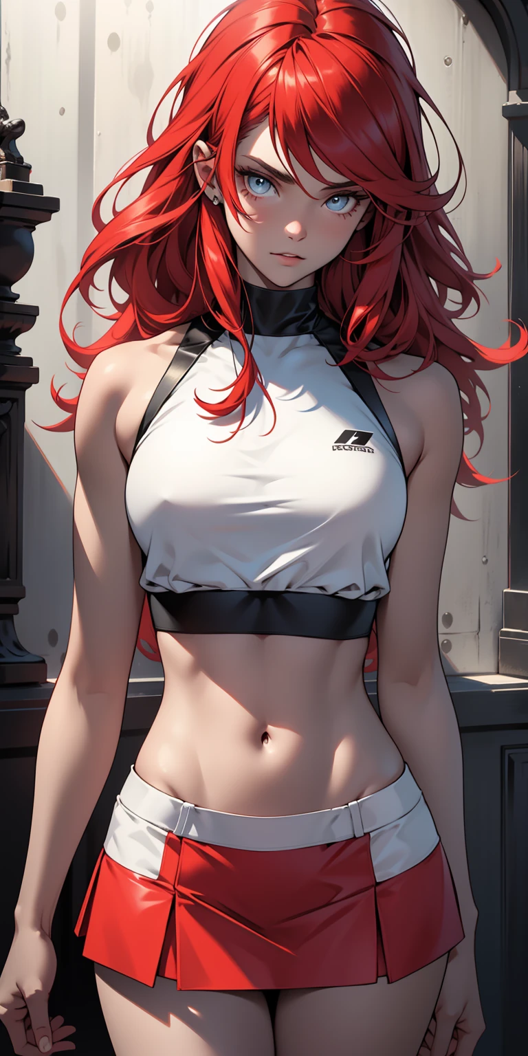 Photo, Best quality, high resolution 8k, ultra detailed, (masterpiece:1.2), best quality, masterpiece, highres, original, extremely detailed wallpaper, perfect lighting,(extremely detailed CG:1.2),
most beautiful ager,17 yite skin, European, long hair, very red hair,hair combed back,perfect body, toned,exuberant exotic, narrow waist, big buttocks, slim thighs, thigh gap, very well detailed,mini skirt, crop top, Jessie pokemon,