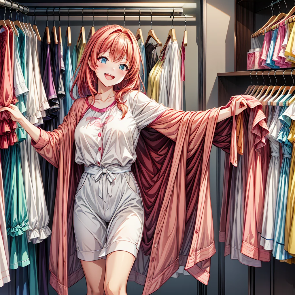 (best quality,high resolution:1.2), anime style, Cute girl changing clothes scene, (she is laughing while changing her clothes:1.4), detailed and luxurious background, Changing rooms in women's fashion stores, vibrant colors, soft lighting