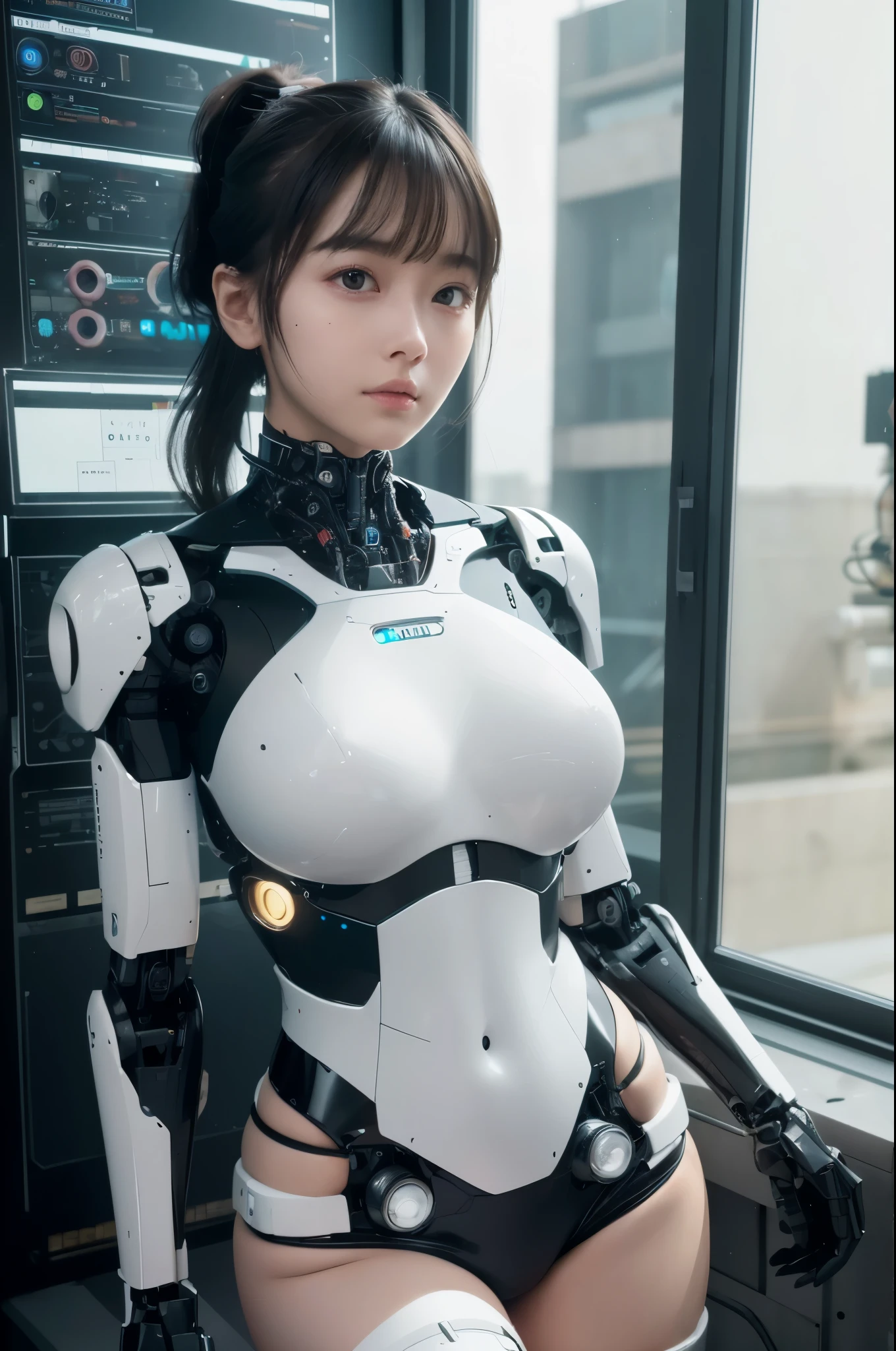 masterpiece, best quality, extremely detailed, (8K, 4K, Best Quality, hight resolution, 超A high resolution:1.1), 8K portrait,1girl in, Japaese android girl,teenager android ,Plump , control panels,android,Droid,Mechanical Hand, Robot arms and legs, Black hair,Mechanical body,Blunt bangs,White Robotics Parts,perfect robot woman,Charging spot,Long Tube,A thick cable was connected to her neck,ceramic body ,android,robot humanoid,a bit chubby,panty,full eyes,perfect mechanical body,white robotics body,future assembly plant,white body,She has repaired,black sponge joints,dark black leggings,android assembly plant,android,laboratory,perfect machine body,white robot body,perfect cyborg girl,low ponytail(low ponytail:1.4)