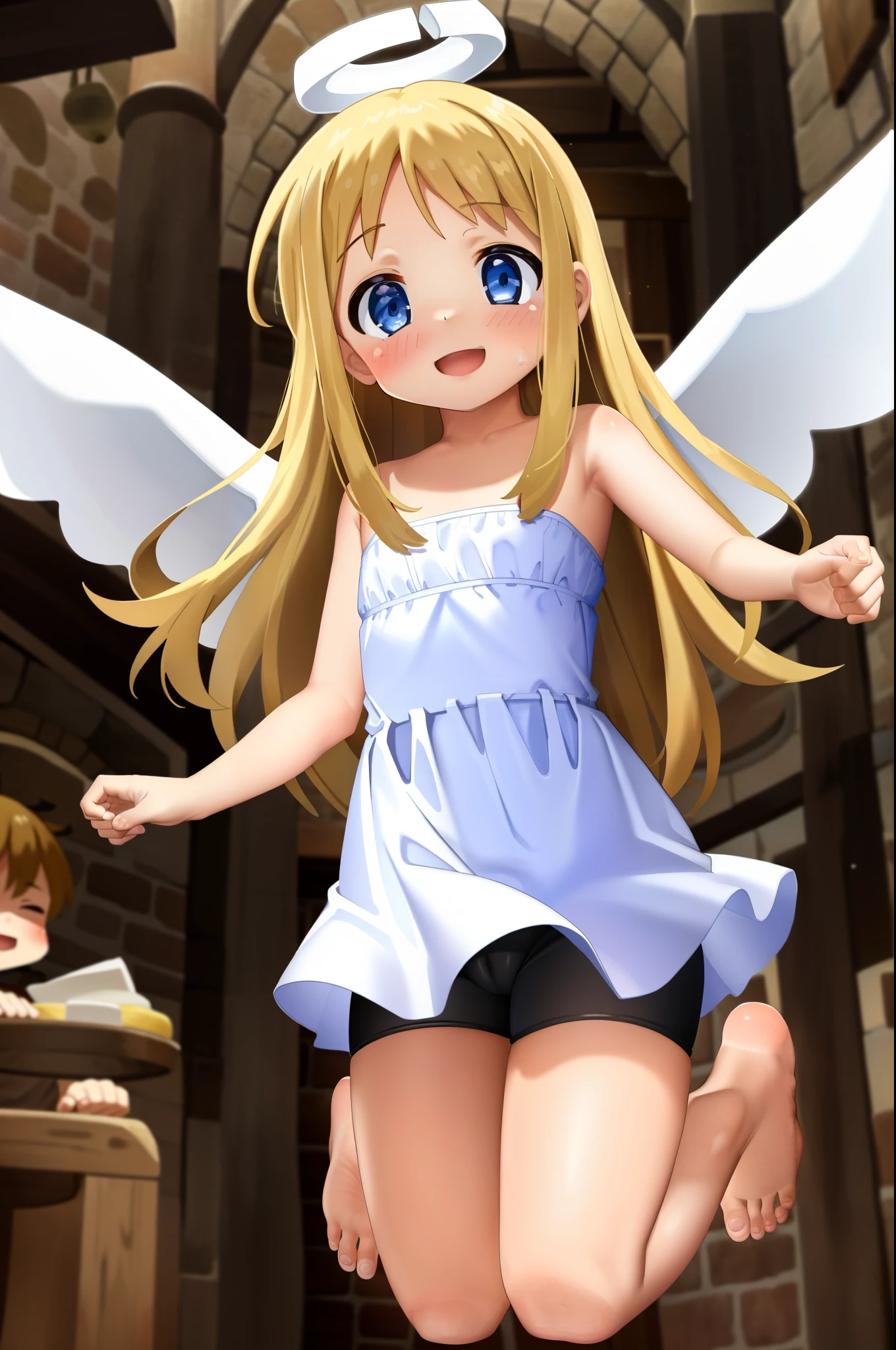 Masterpiece, best quality, , floating, (White dress:1.1), flat chest, black lycra shorts, flushed, nervous, smiling, broken halo, evil smile, long blonde hair, 2 angel wings on the back, barefoot, gas lamps, dim lighting, background medieval tavern