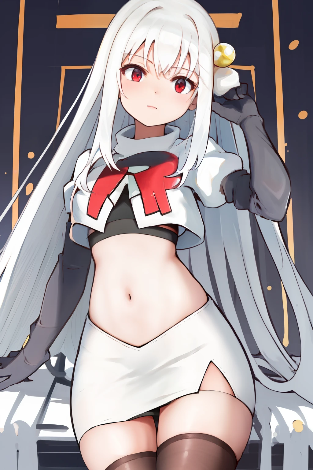 masterpiece, best quality, highres, 1girl ninym ralei hair bobbles ahoge, team rocket,team rocket uniform, red letter R, white skirt,white crop top,black thigh-highs,black elbow gloves,