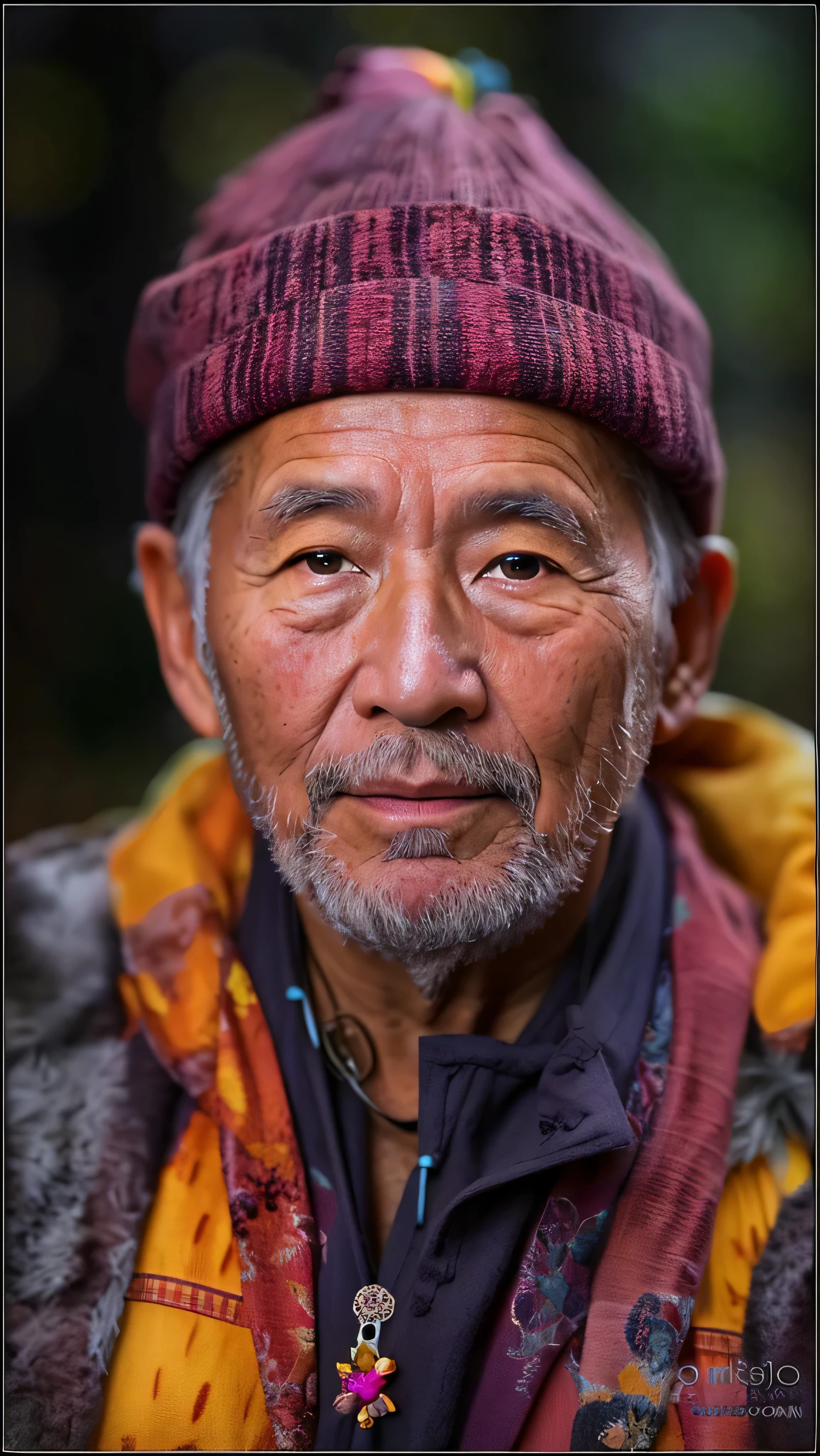 an old man in a robe，close up，close shot，With the scenery as a backdrop，soft sunshine，4K resolution，bright colors，Detailed image quality，HD details，Japanese photography，face camera
