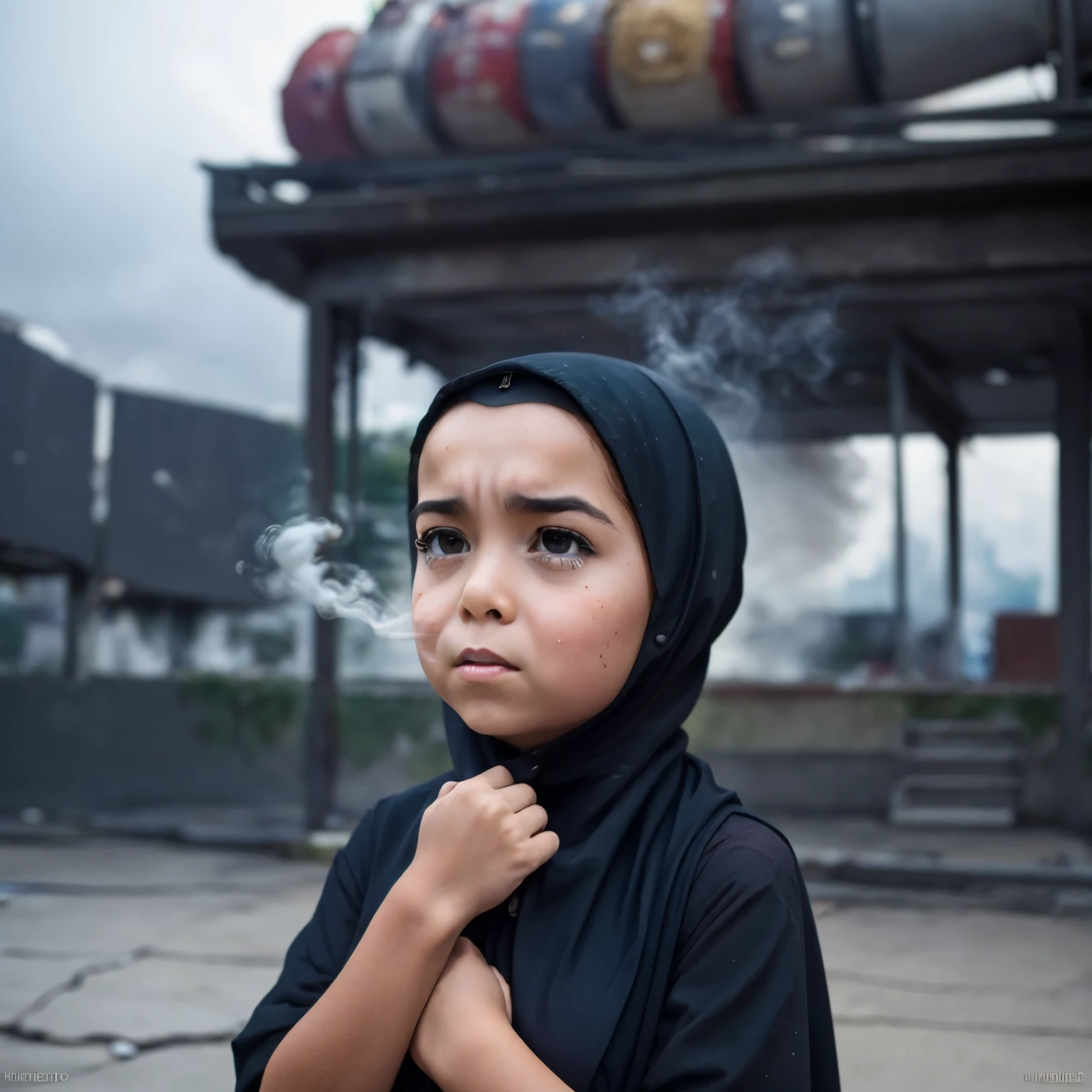 Little palestinien girl with hijab crying with the a Palestine flag around her, bombs in the background, smoke, fire, 8k, HD, tears, powerful 