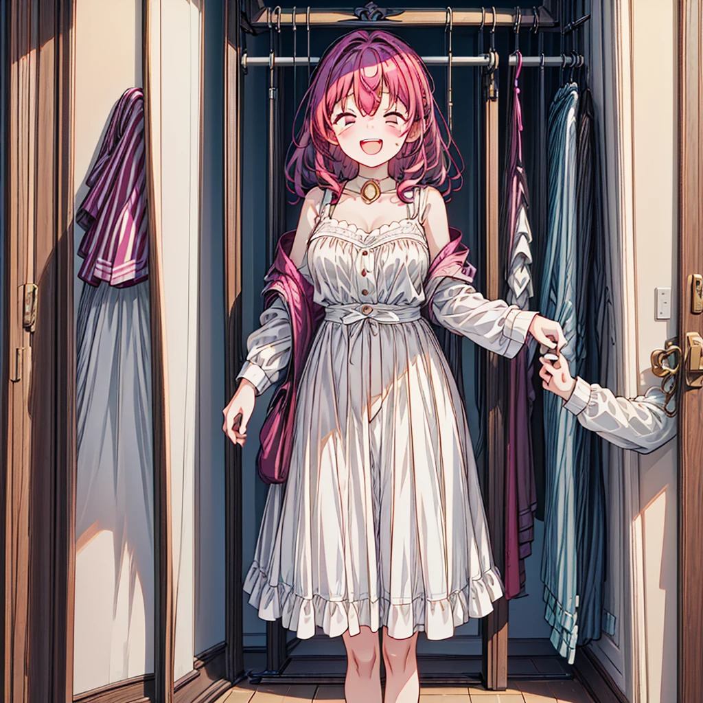 (best quality,high resolution:1.2), anime style, Cute girl changing clothes scene, (she is laughing while changing her clothes:1.4), detailed and luxurious background, Changing rooms in women's fashion stores, vibrant colors, soft lighting