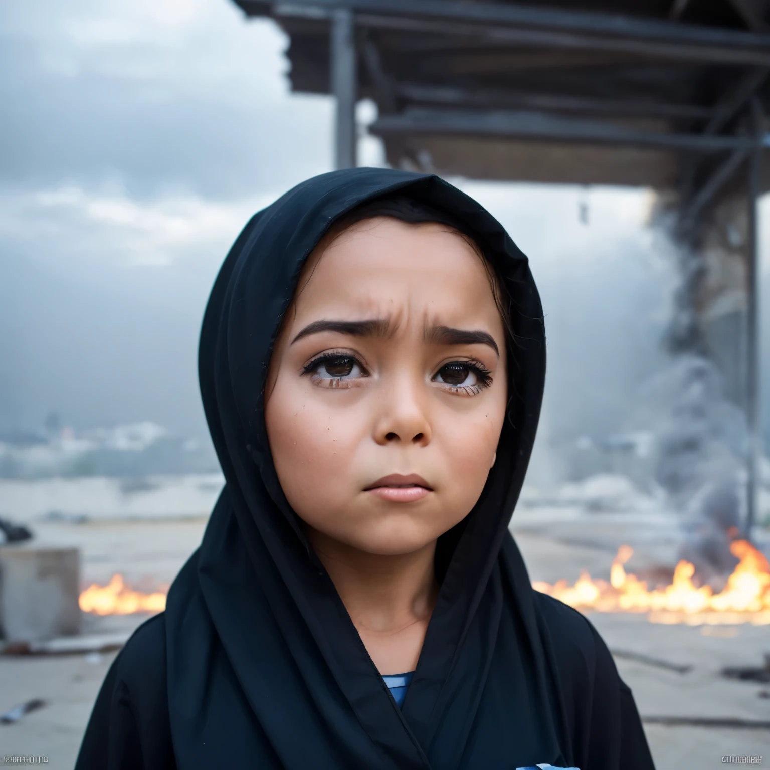 Little palestinien girl with hijab crying with the a Palestine flag around her, bombs in the background, smoke, fire, 8k, HD, tears, powerful 