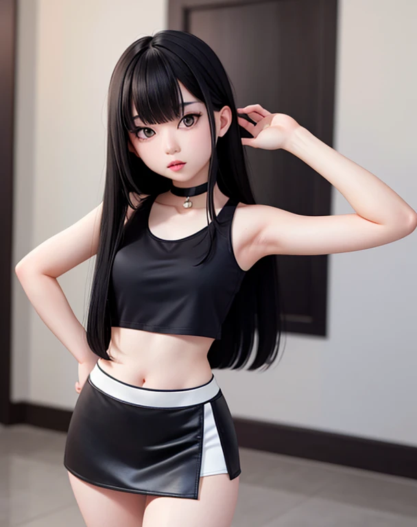 Asian girl, long black hair, long straight hair, crop tank top, mini skirt, pale white skin 