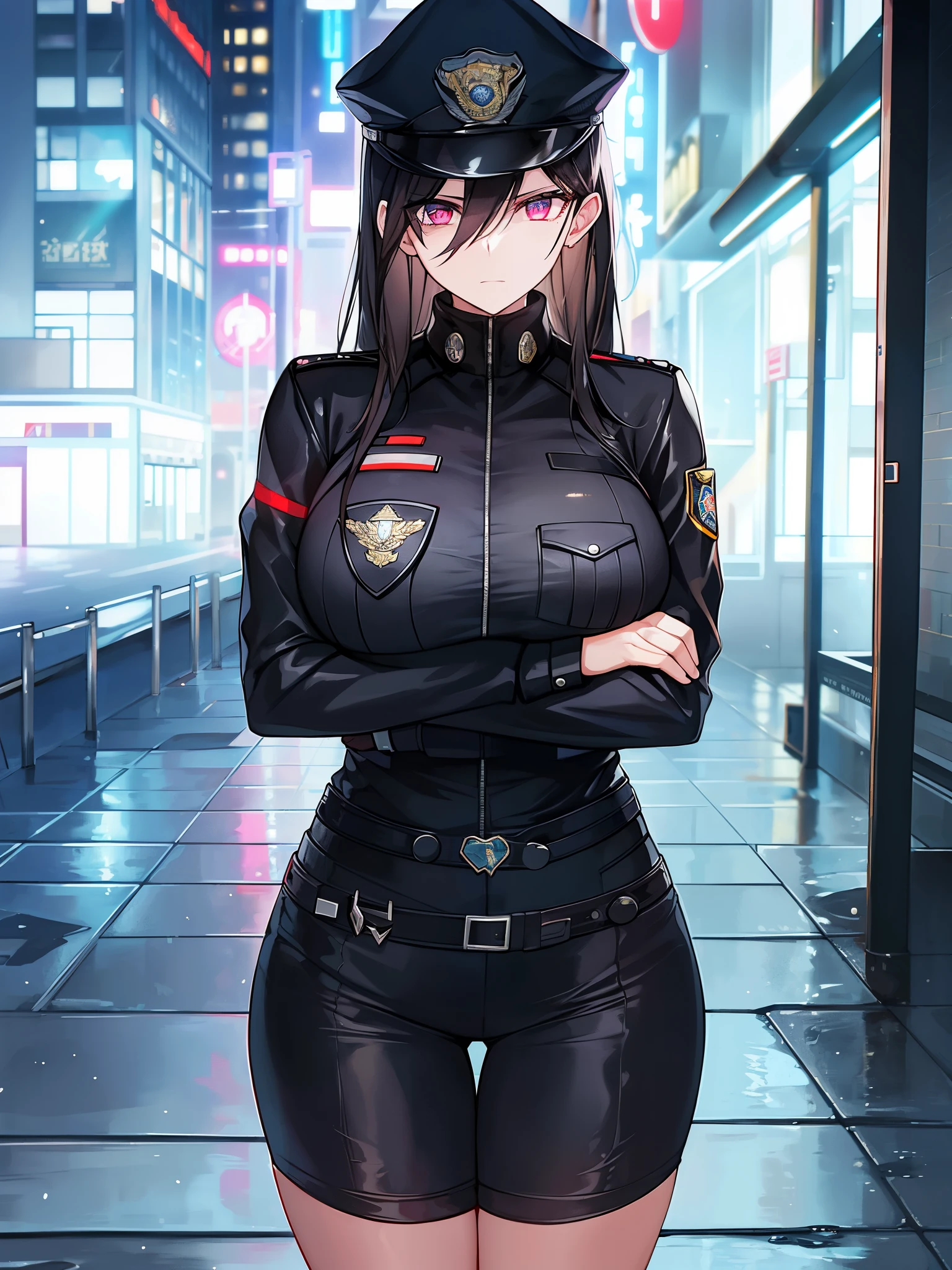 A brave police woman, wearing a black leather outfit tight to her body, with a shiny badge on her chest. His eyes show weariness, but also determination and perseverance. She is standing in the middle of a deserted and gloomy street, with tall buildings all around, creating an atmosphere of imminent danger. The dim lights of the city cast mysterious shadows, revealing only a few details: puddles of water on the street wet by recent rain, a flash of neon reflected in the windows, a danger sign flashing red. The setting conveys a sense of urgency as the police woman looks directly at the viewer, ready to face whatever challenge presents itself.