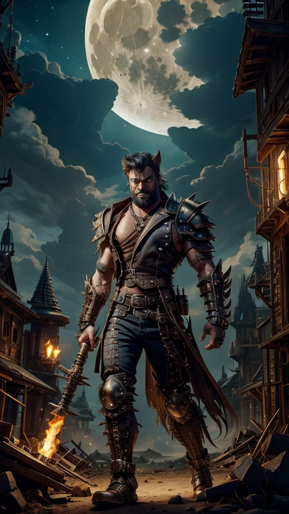 Muscular and very angry male steampunk shoulder armor werewolf with sharp teeth and looking at the viewer and pointing the big steampunk ax towards the viewer and full moon illuminating the environment and scenery of abandoned villages and torches and many clouds in the sky and stars and pines and woods