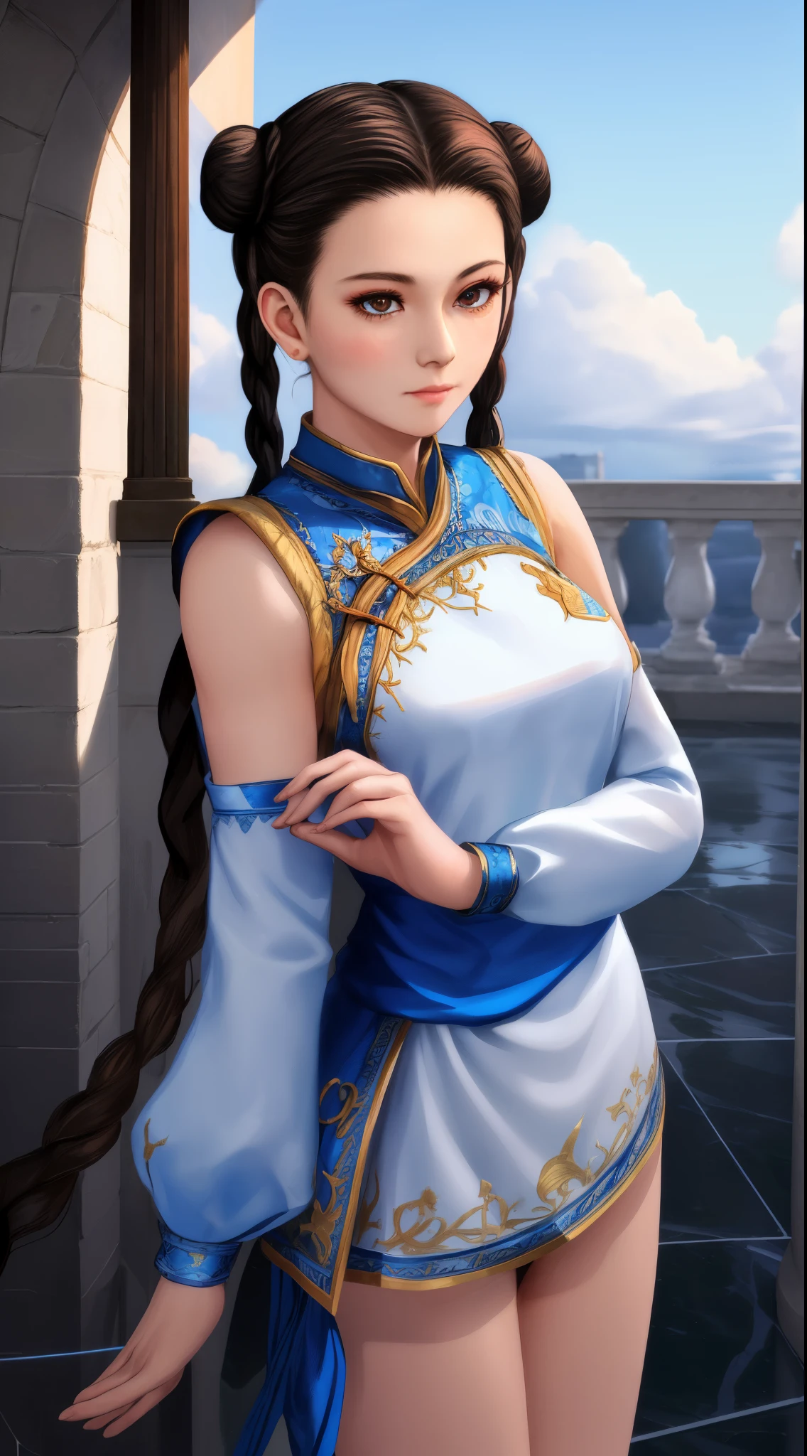 Paichang, single braid with blue ribbon, brown eyes, double bun,black hair,Are standing, alone , Upper body,  combat readiness, 
Paiati,White dress clothes, Red band, mini skirt、white panties、, sleeve less,
marble floor, blue sky, cloudy, evening,
(Extremely detailed, beautiful detailed face, masterpiece, highest quality)    