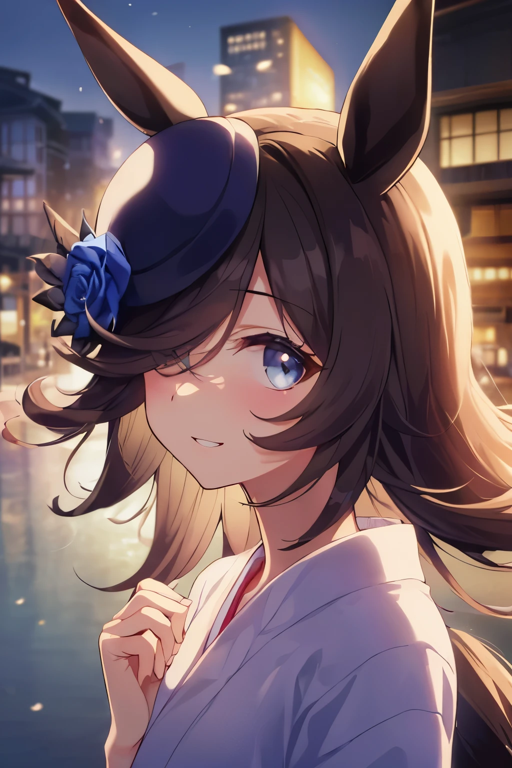 (muste piece.highest quality).(dynamic angle). (Very spectacular detail CG painting),(perfect image)、comics.illustration.Girl with small breasts.detailed face、perfect face.delicate face、A small-breasted girl wearing a Japanese costume、((繊細なJapanese clothingを着た胸の小さな女の子))、textured skin、Black hair is long hair、(Horse-eared girl)Horse-eared girl、((beautiful blue eyes)).Delicate and beautiful eyes、detailed eyes、Reflected eyes、smile.(look at the viewer:1.3).(face is a little red:0.8)、8k wallpaper、cowboy shot、Reflected Light、highest details、complicated、delicate background、textured skin、detailed skin、(super resolution)、(Japanese clothing)、Komono、Yukata、Japanese clothing、Japanese clothing、Best clothes、background bright