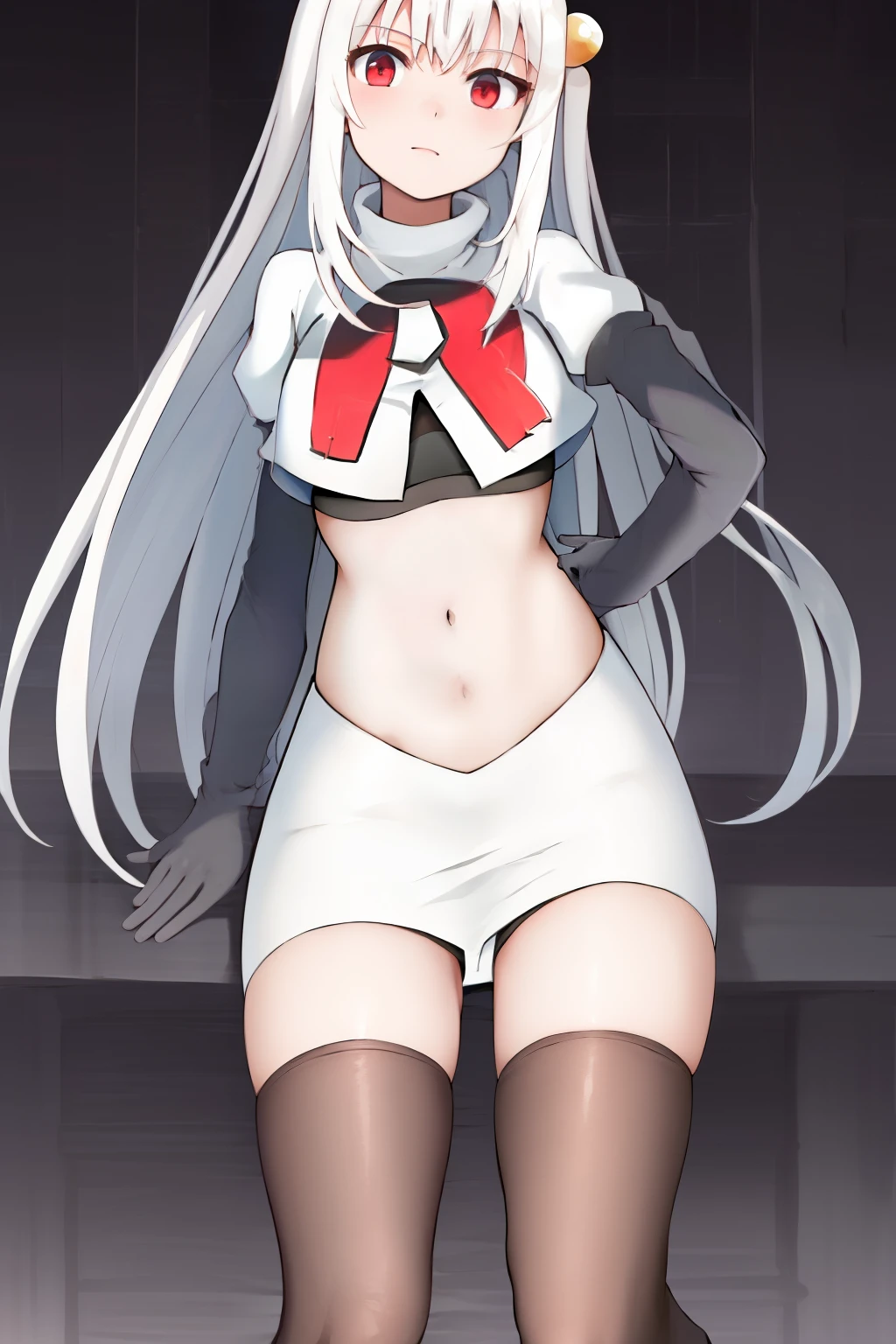 masterpiece, best quality, highres, 1girl ninym ralei hair bobbles ahoge, team rocket,team rocket uniform, red letter R, white skirt,white crop top,black thigh-highs,black elbow gloves,