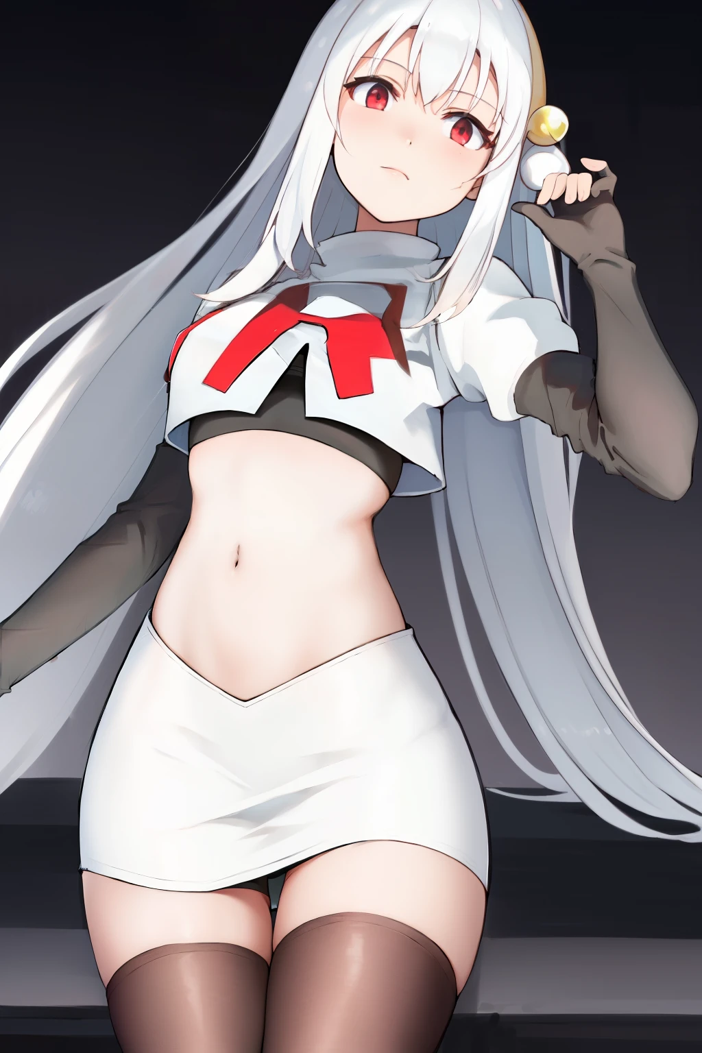 masterpiece, best quality, highres, 1girl ninym ralei hair bobbles ahoge, team rocket,team rocket uniform, red letter R, white skirt,white crop top,black thigh-highs,black elbow gloves,